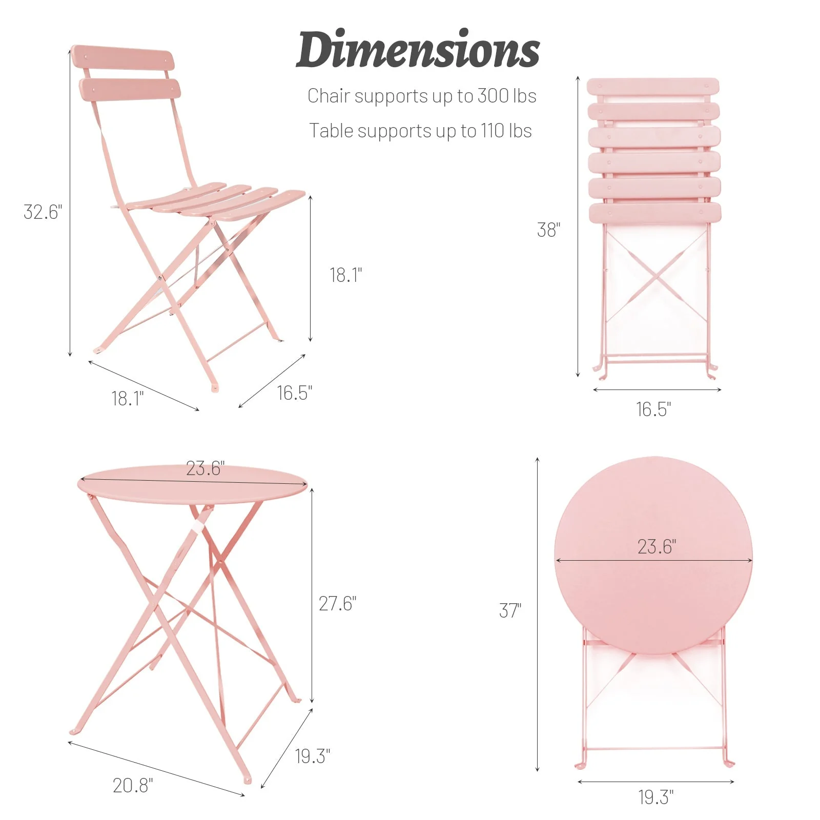 3 Pieces Patio Bistro Balcony Metal Chair Table Set - Pink - Image 7
