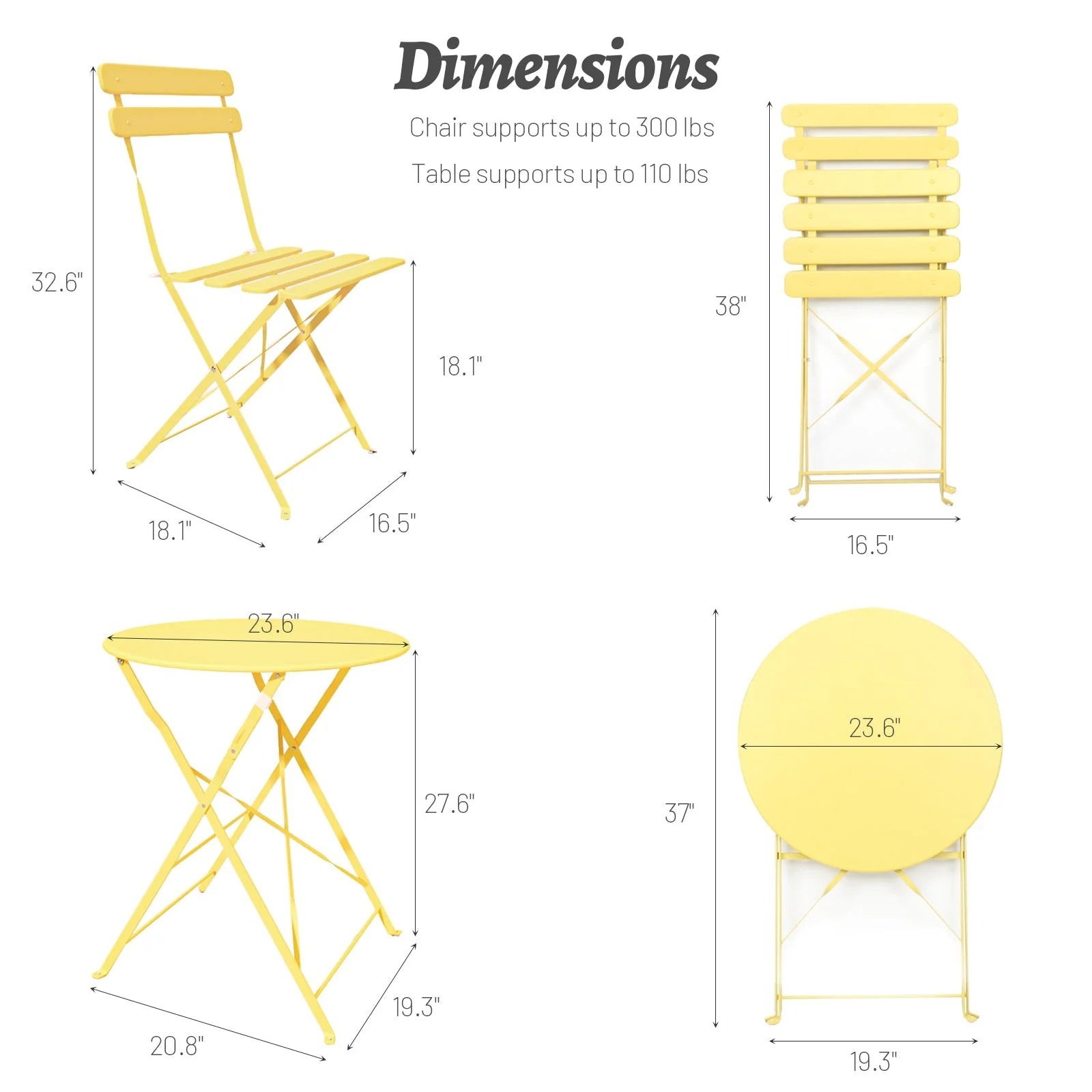 3 Pieces Patio Bistro Balcony Metal Chair Table Set - Yellow - Image 8