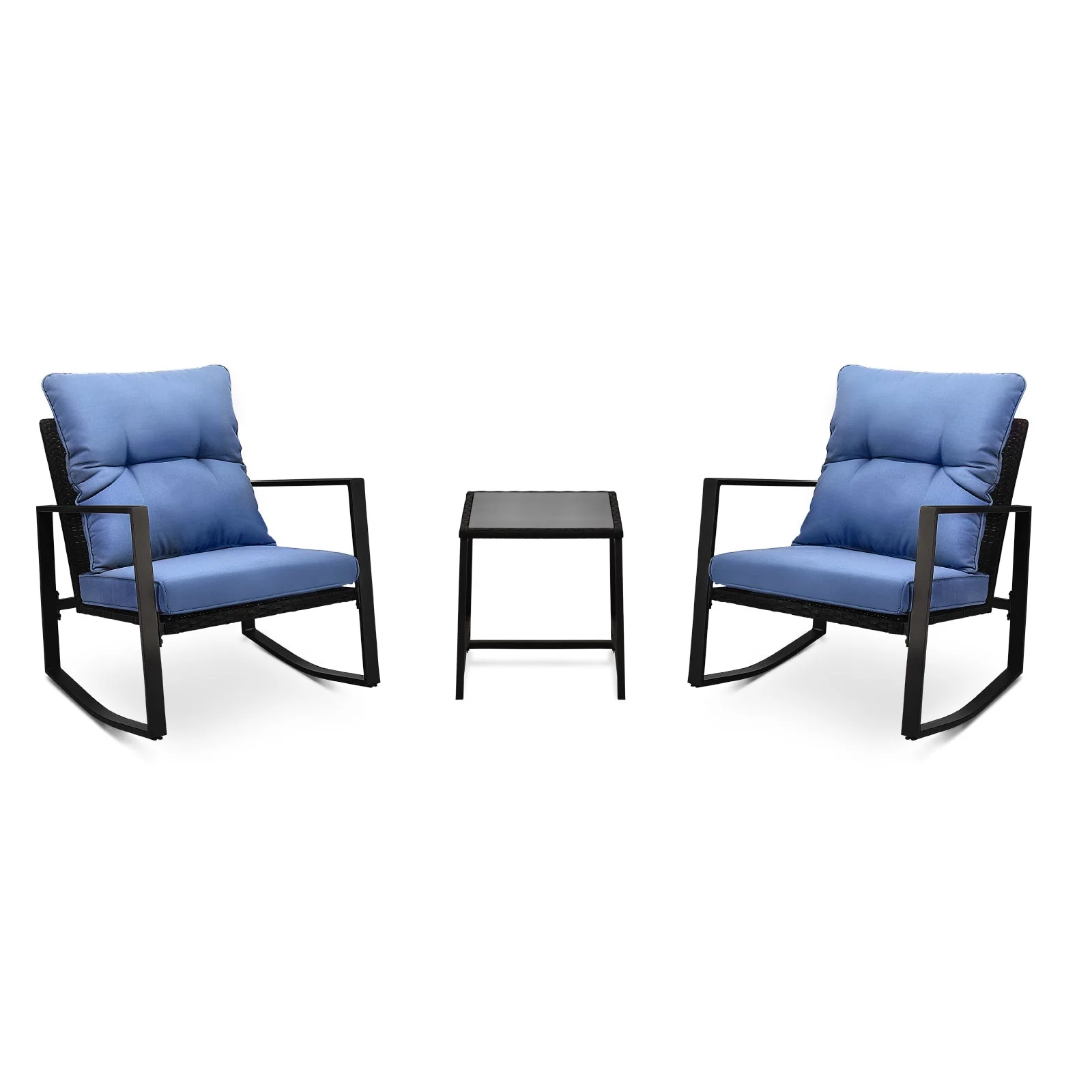 3 Pieces Patio Bistro Set Outdoor Rocking Chair with Blue Cushion for Yard Garden Poolside - Image 11