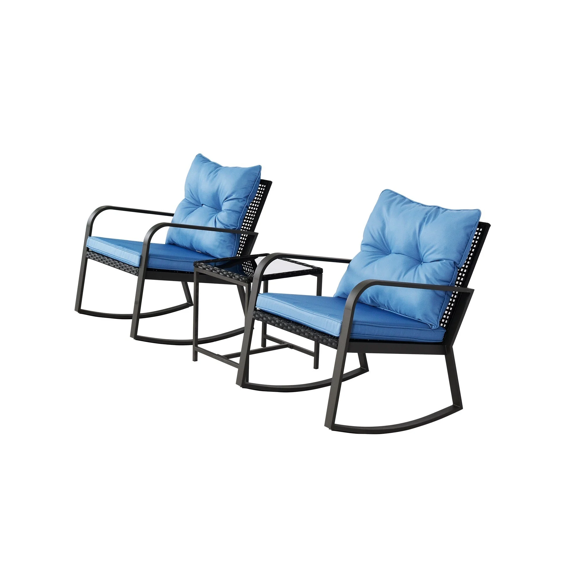 3 Pieces Patio Bistro Set Outdoor Rocking Chair with Blue Cushion for Yard Garden Poolside - Image 12