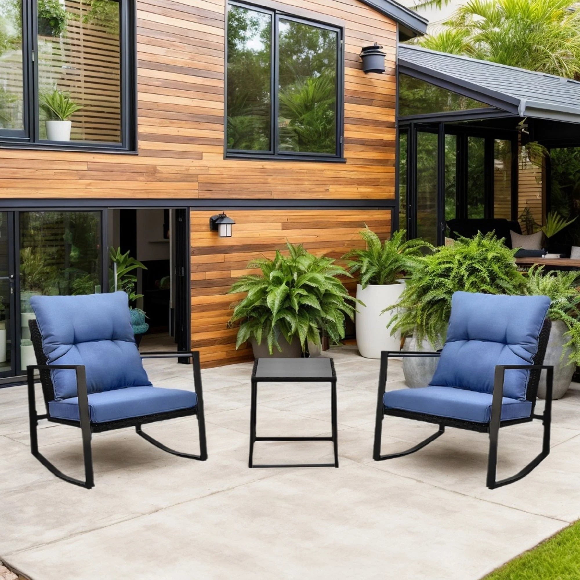 3 Pieces Patio Bistro Set Outdoor Rocking Chair with Blue Cushion for Yard Garden Poolside - Image 2