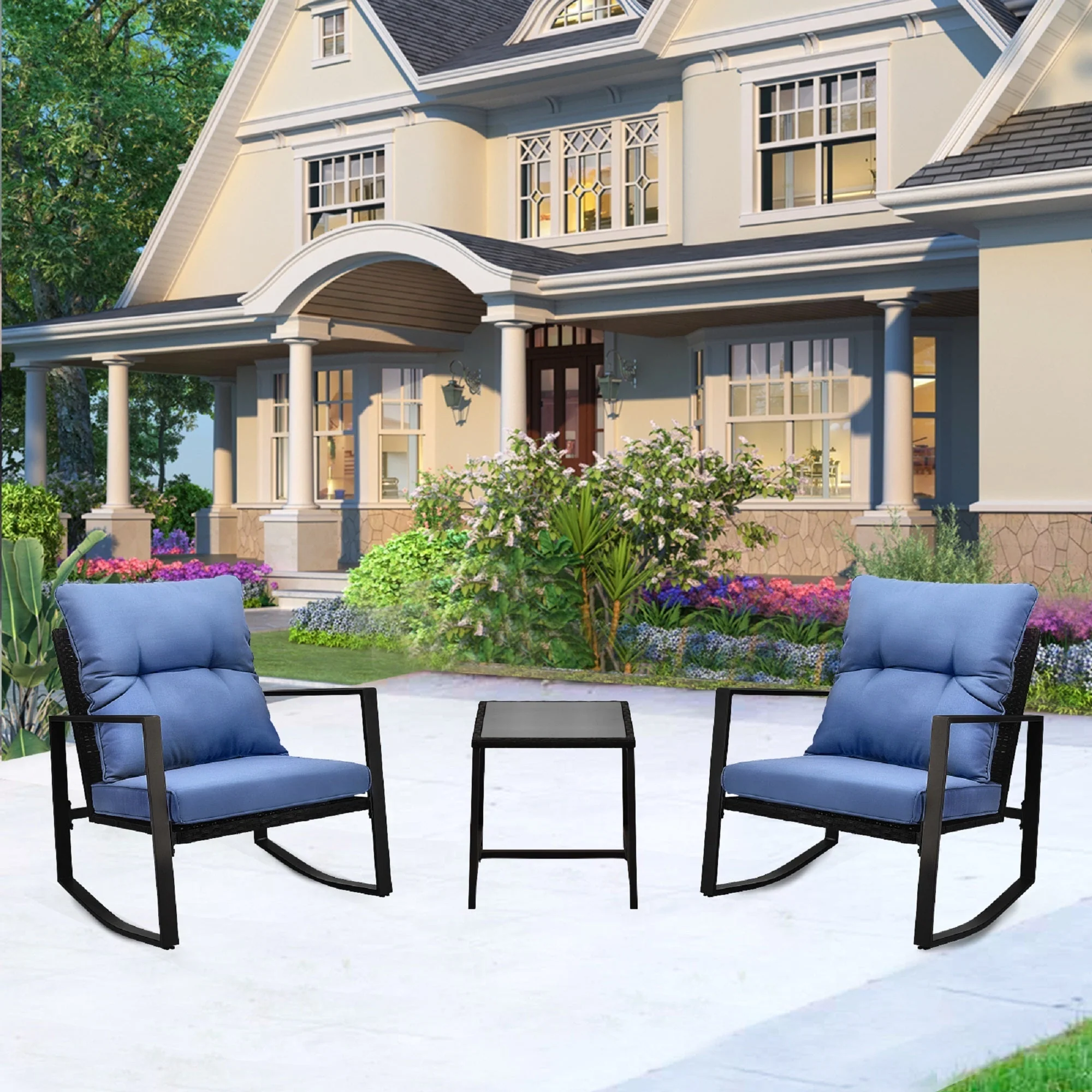 3 Pieces Patio Bistro Set Outdoor Rocking Chair with Blue Cushion for Yard Garden Poolside - Image 3