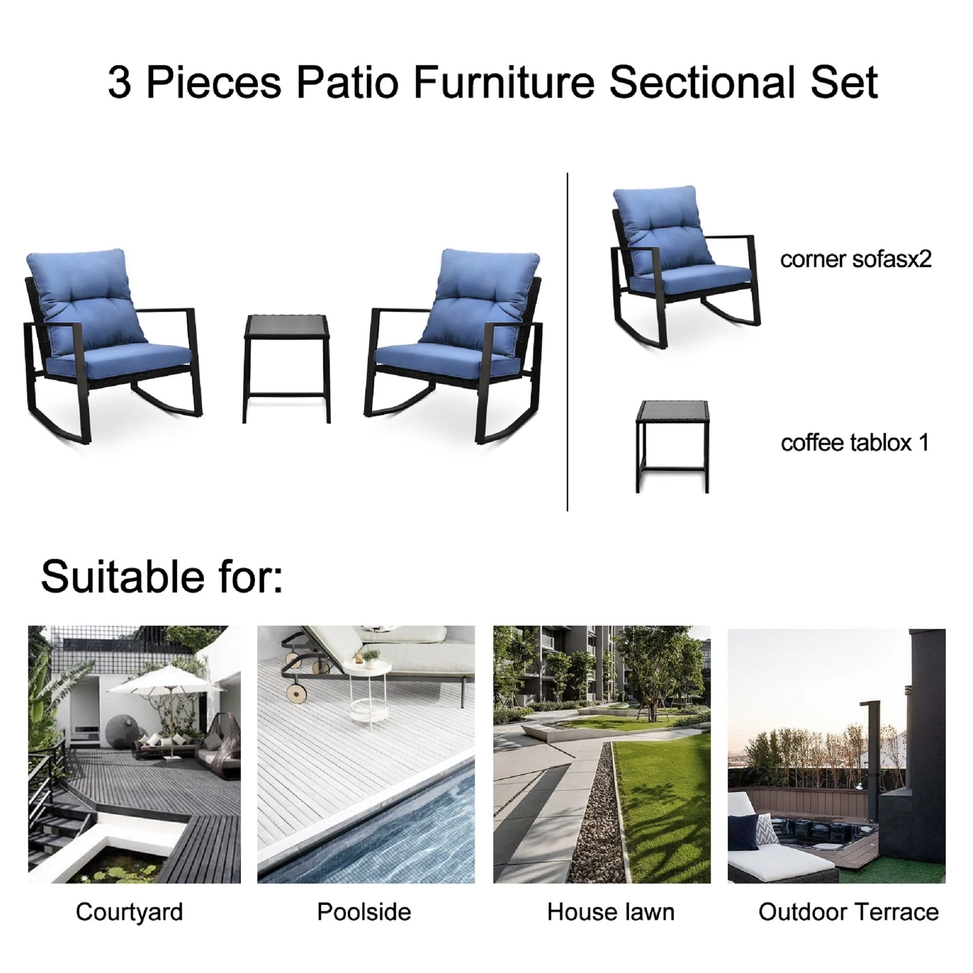 3 Pieces Patio Bistro Set Outdoor Rocking Chair with Blue Cushion for Yard Garden Poolside - Image 4