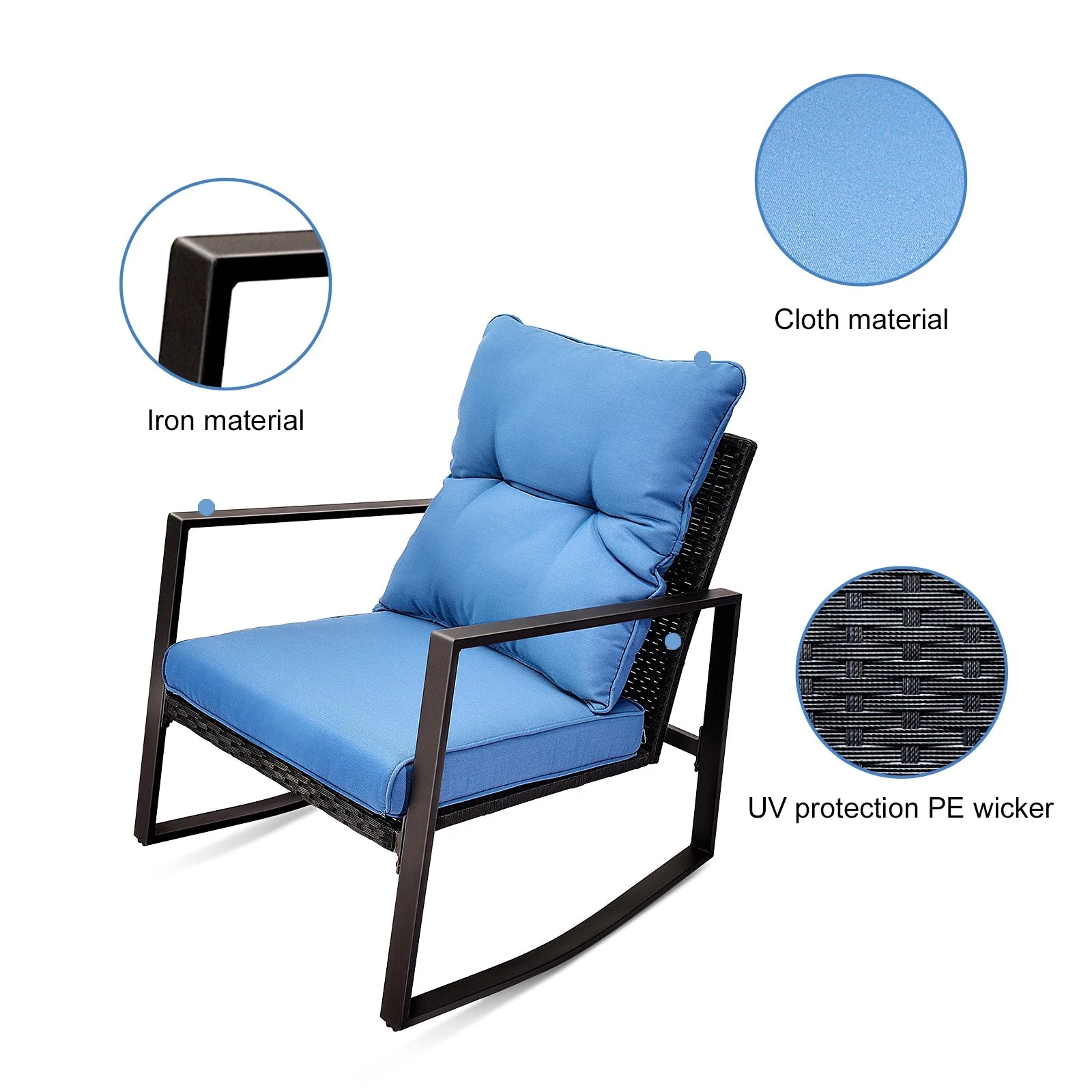 3 Pieces Patio Bistro Set Outdoor Rocking Chair with Blue Cushion for Yard Garden Poolside - Image 5