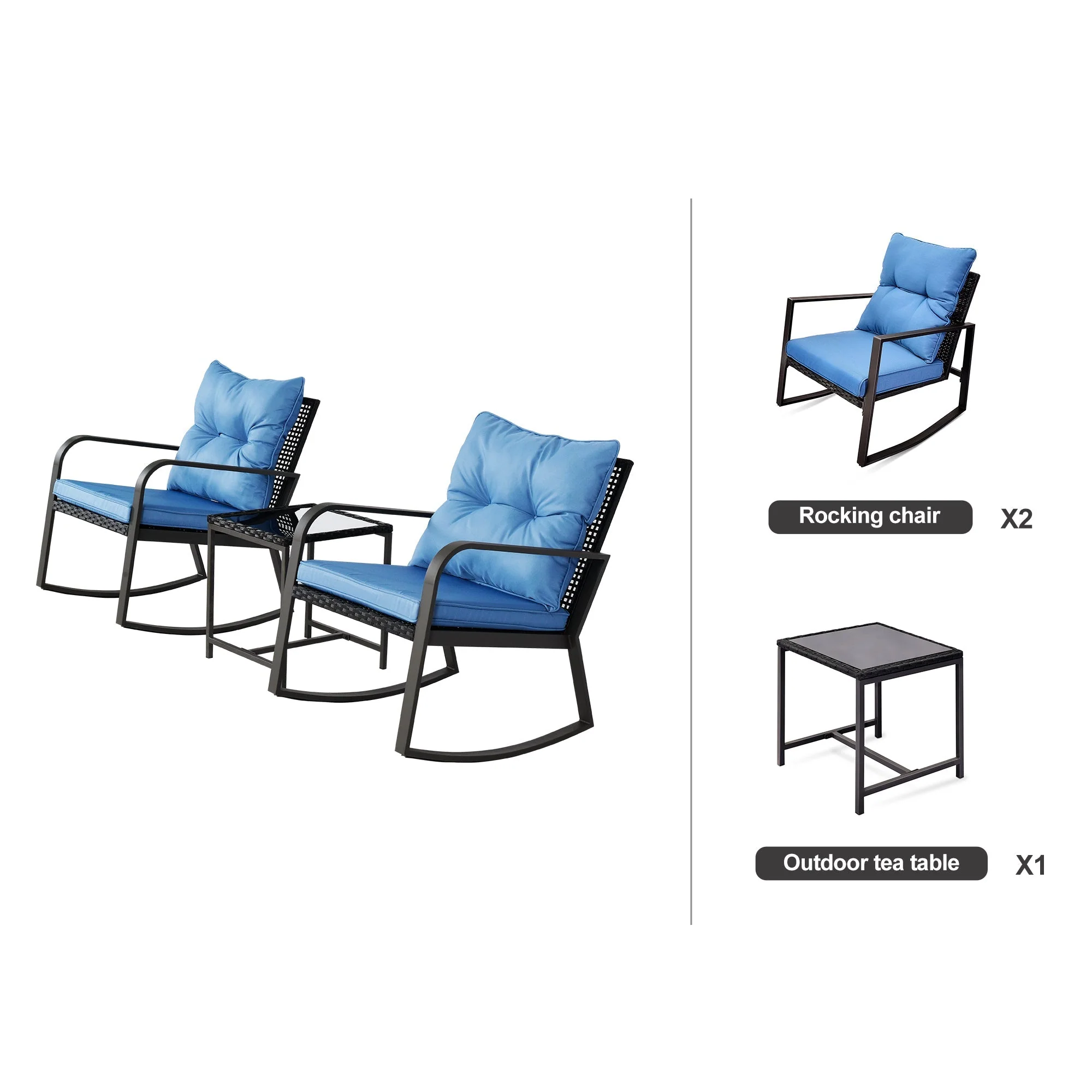 3 Pieces Patio Bistro Set Outdoor Rocking Chair with Blue Cushion for Yard Garden Poolside - Image 6