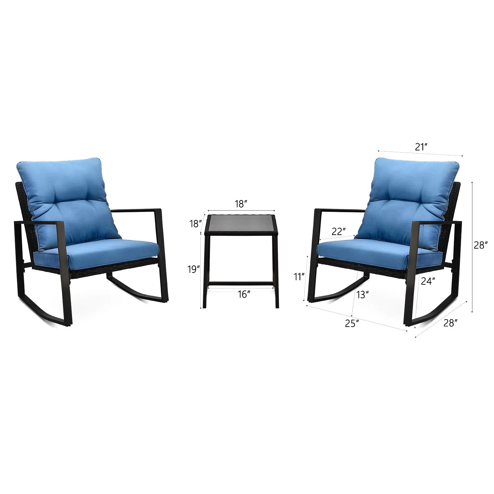 3 Pieces Patio Bistro Set Outdoor Rocking Chair with Blue Cushion for Yard Garden Poolside - Image 7