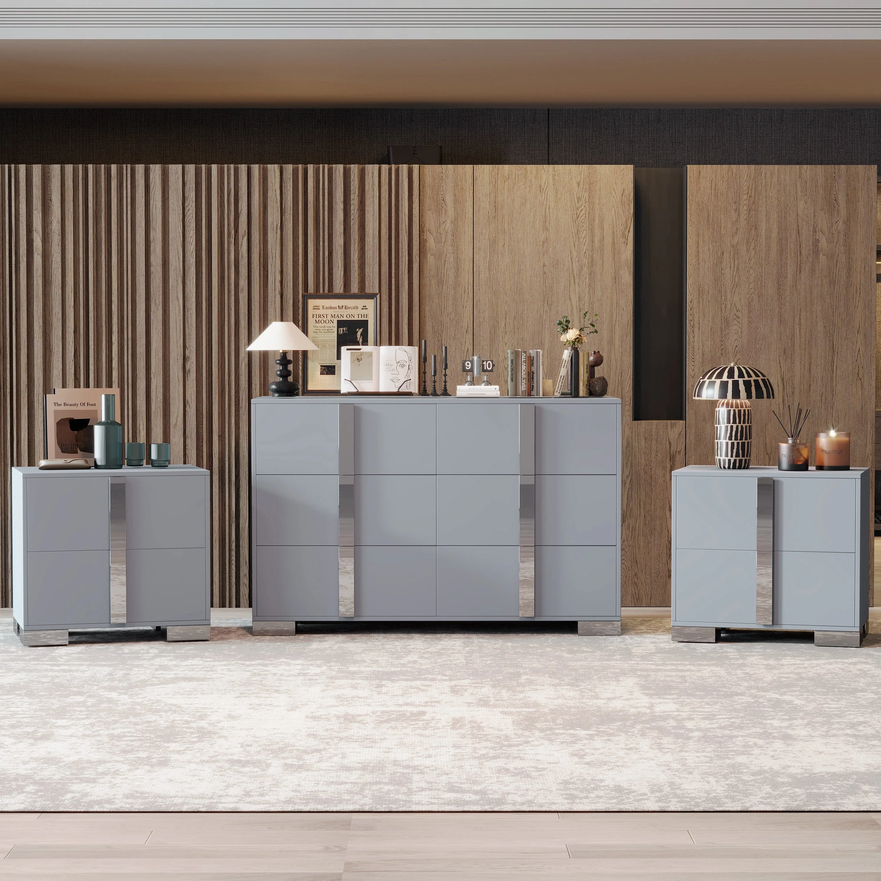 3-Pieces Sets, Elegant 6 Drawers Dresser and Two Nightstands