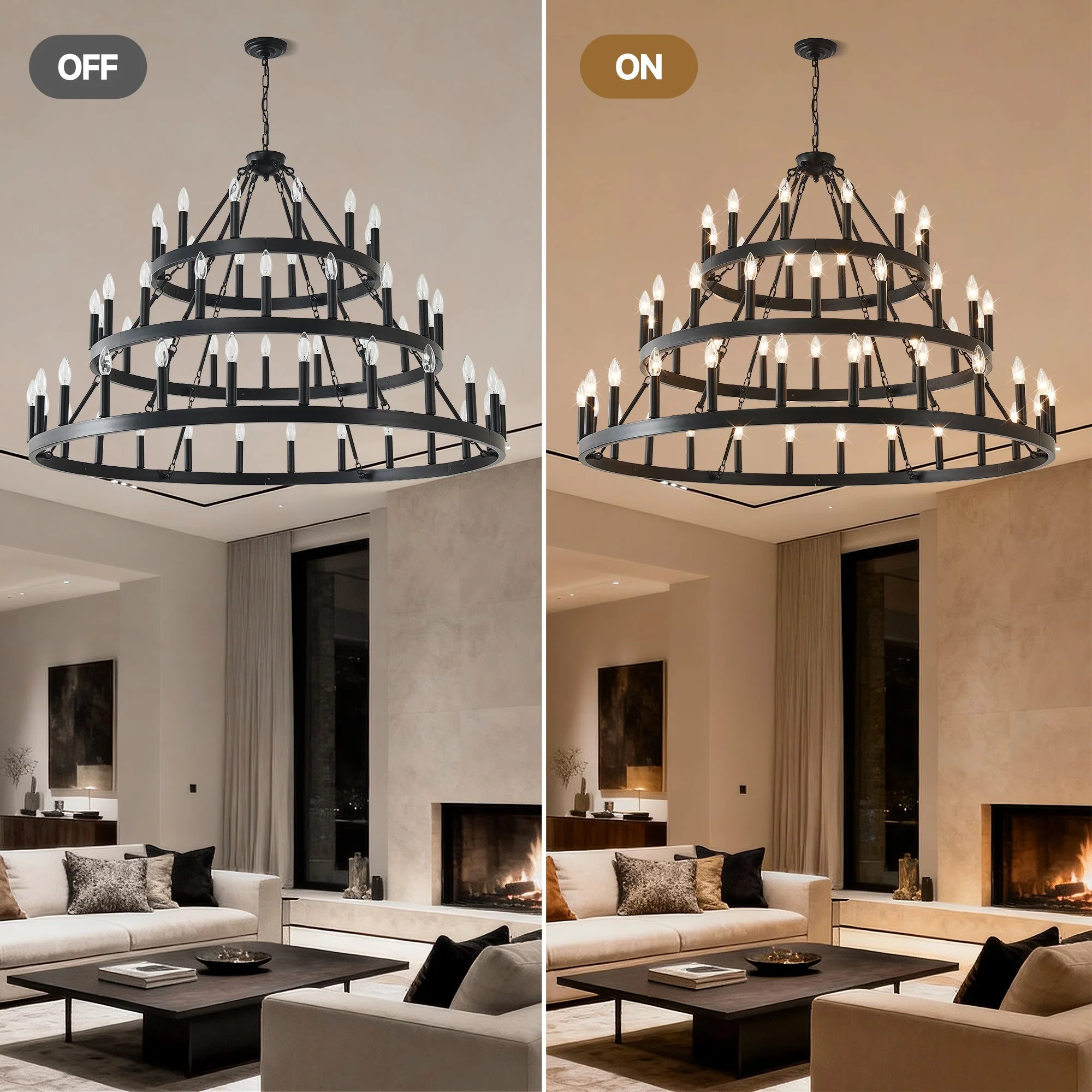 3 Tiers Wagon Wheel Chandelier - 54-Light Matte Black Metal - Image 10