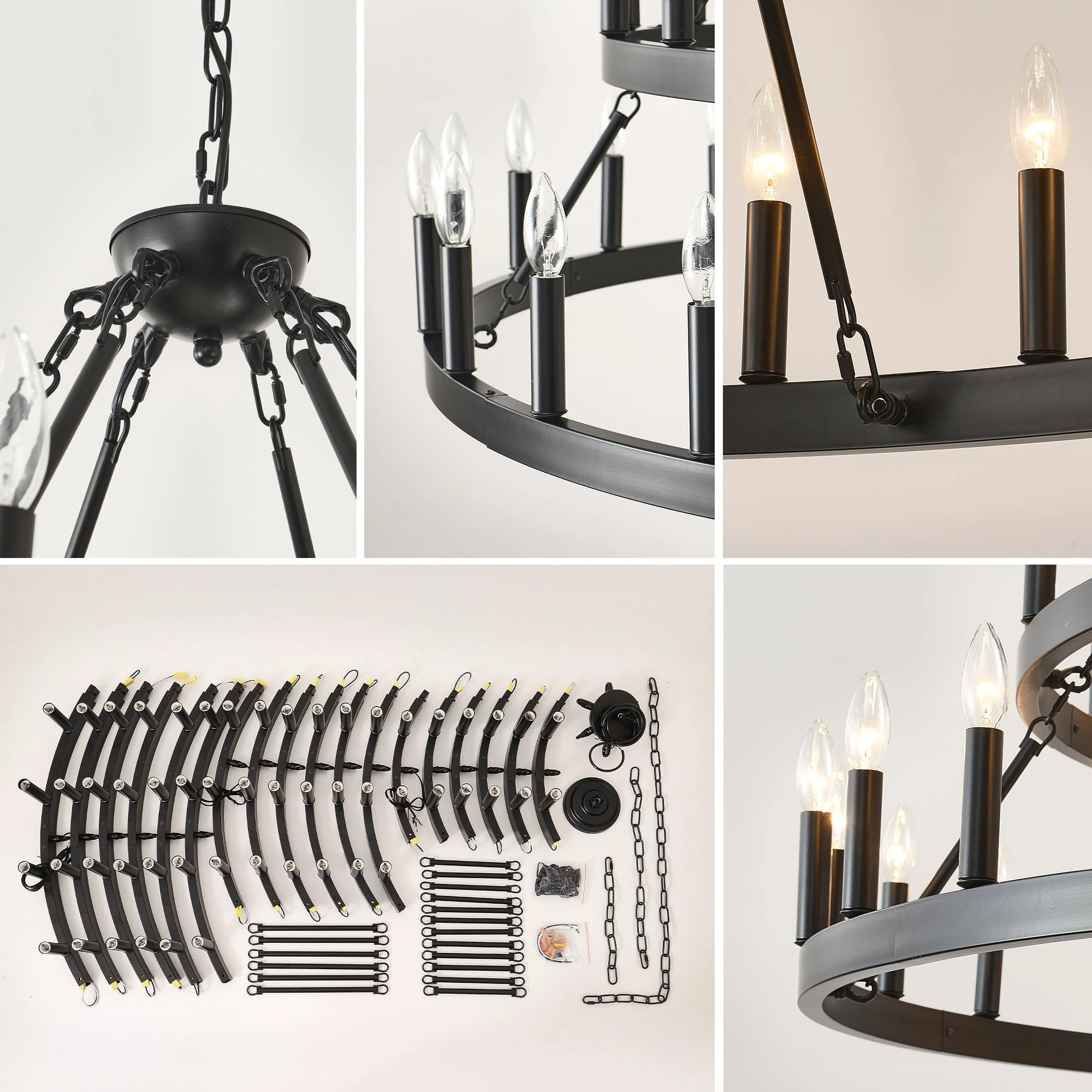 3 Tiers Wagon Wheel Chandelier - 54-Light Matte Black Metal - Image 12