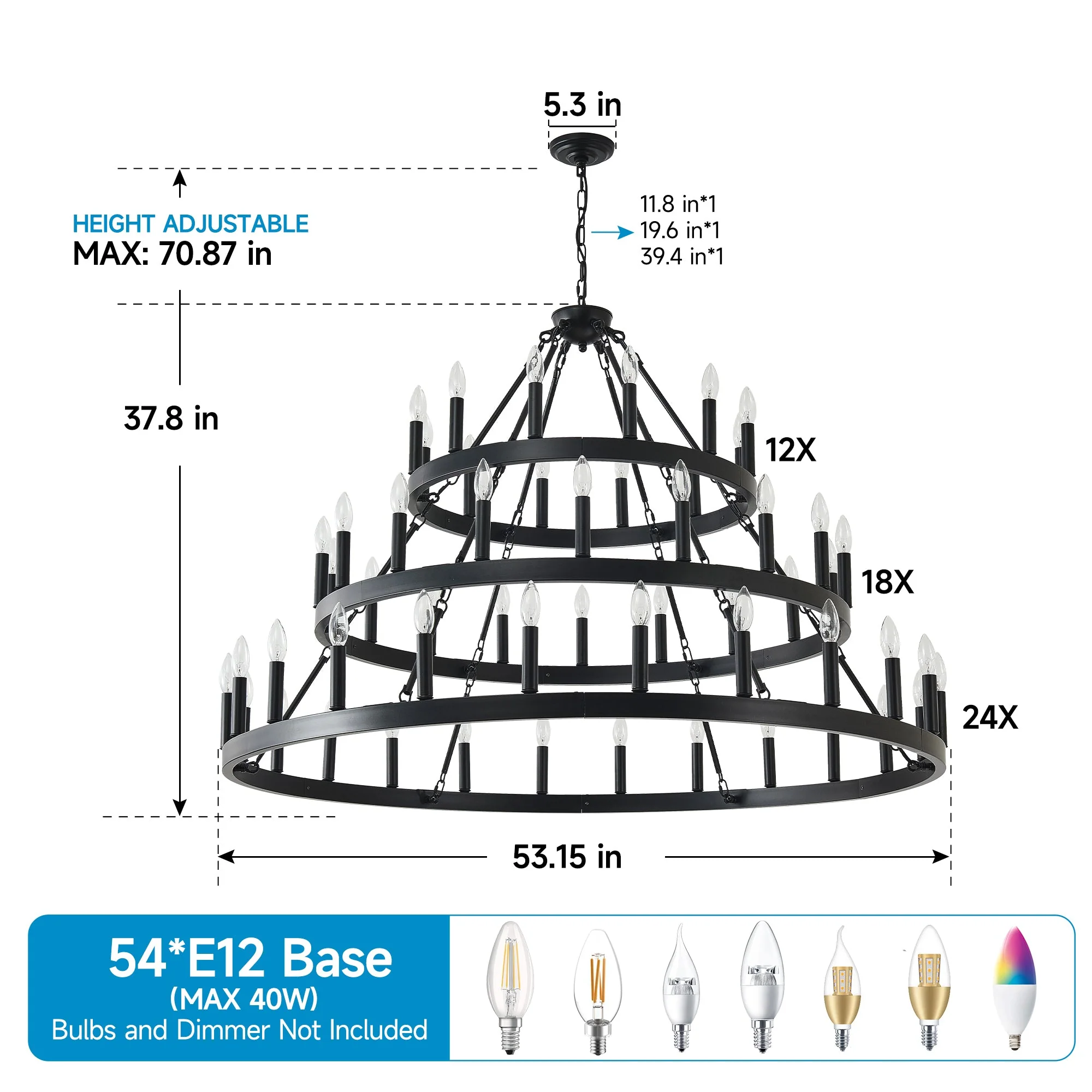 3 Tiers Wagon Wheel Chandelier - 54-Light Matte Black Metal - Image 13