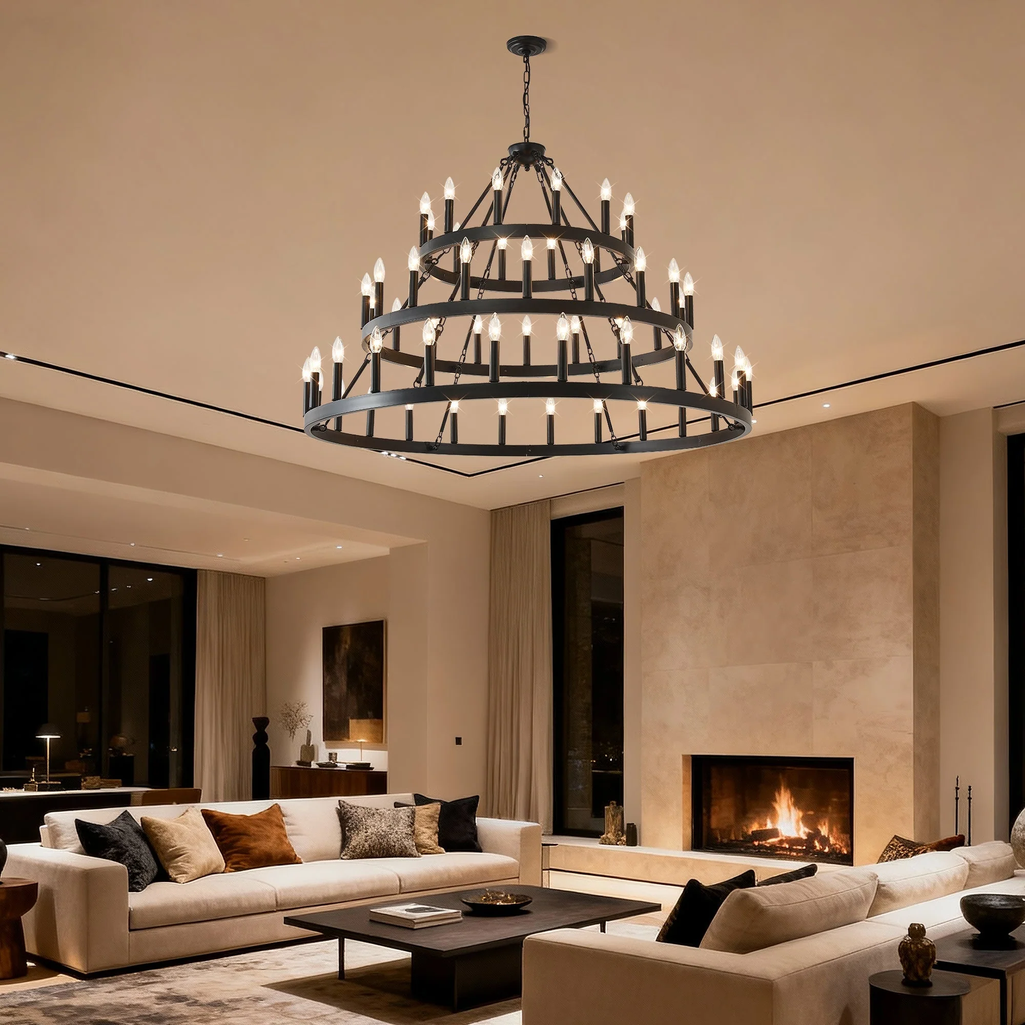 3 Tiers Wagon Wheel Chandelier - 54-Light Matte Black Metal - Image 2