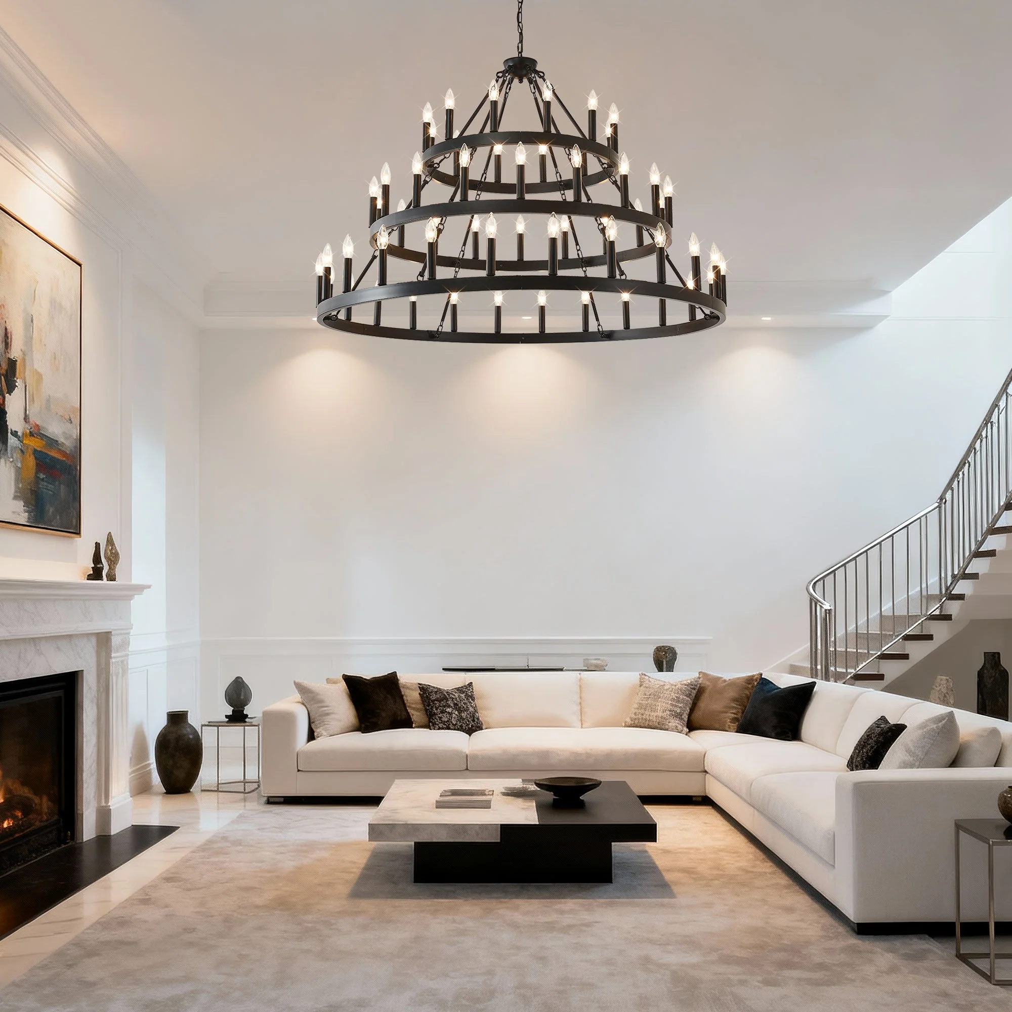 3 Tiers Wagon Wheel Chandelier - 54-Light Matte Black Metal - Image 5