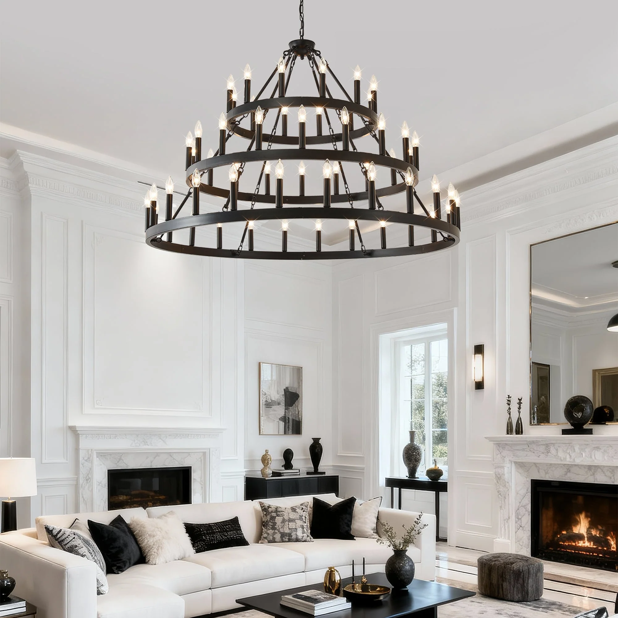 3 Tiers Wagon Wheel Chandelier - 54-Light Matte Black Metal - Image 6