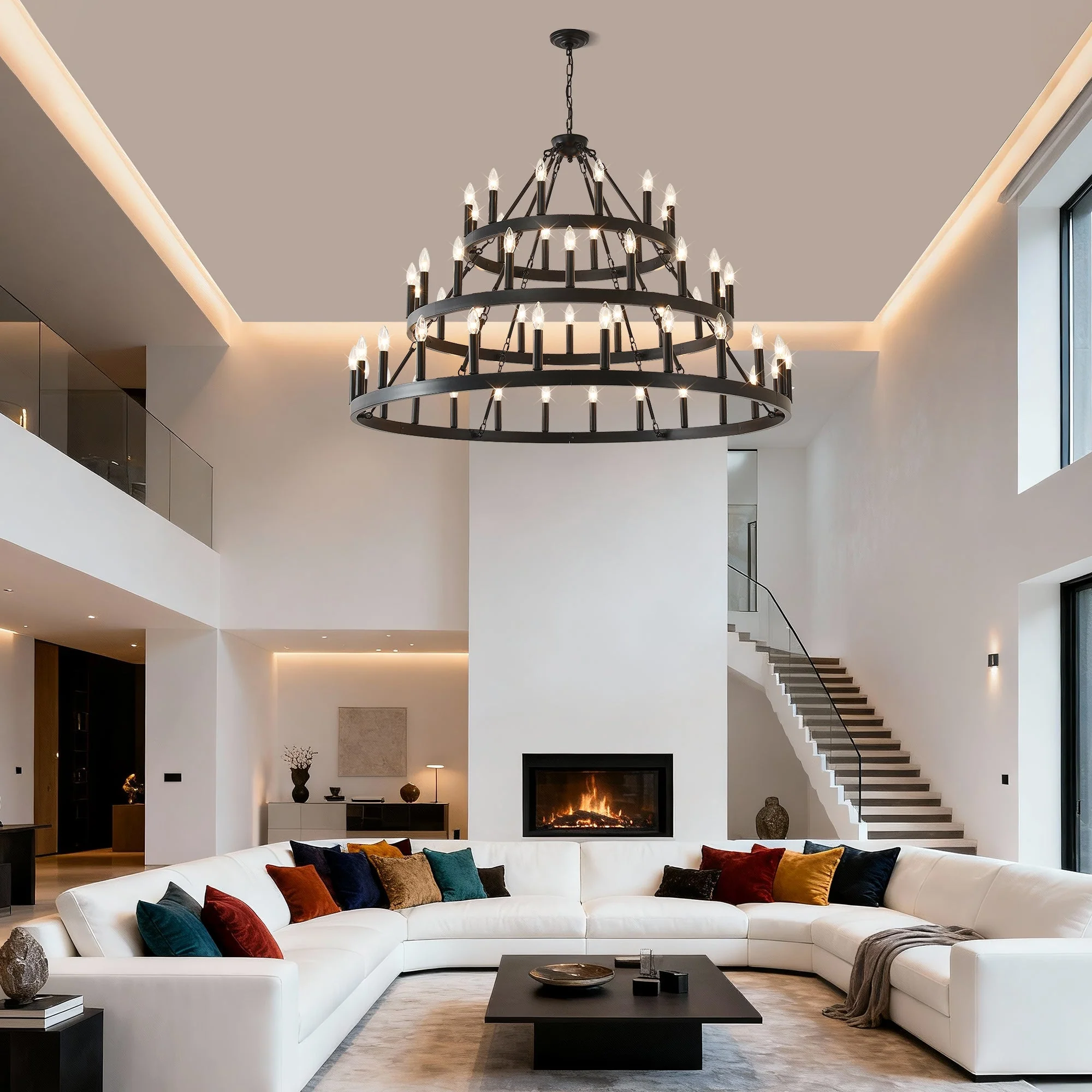 3 Tiers Wagon Wheel Chandelier - 54-Light Matte Black Metal - Image 7