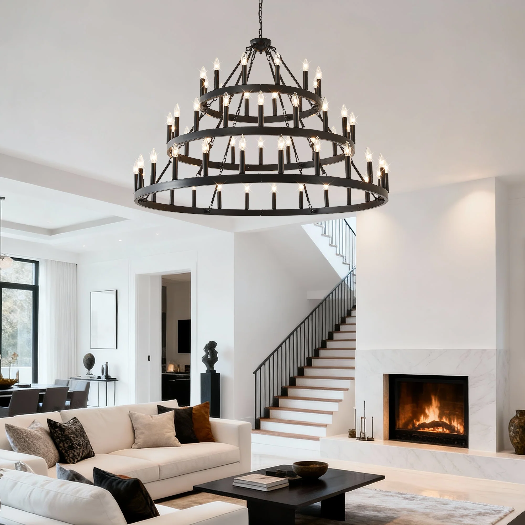 3 Tiers Wagon Wheel Chandelier - 54-Light Matte Black Metal - Image 8