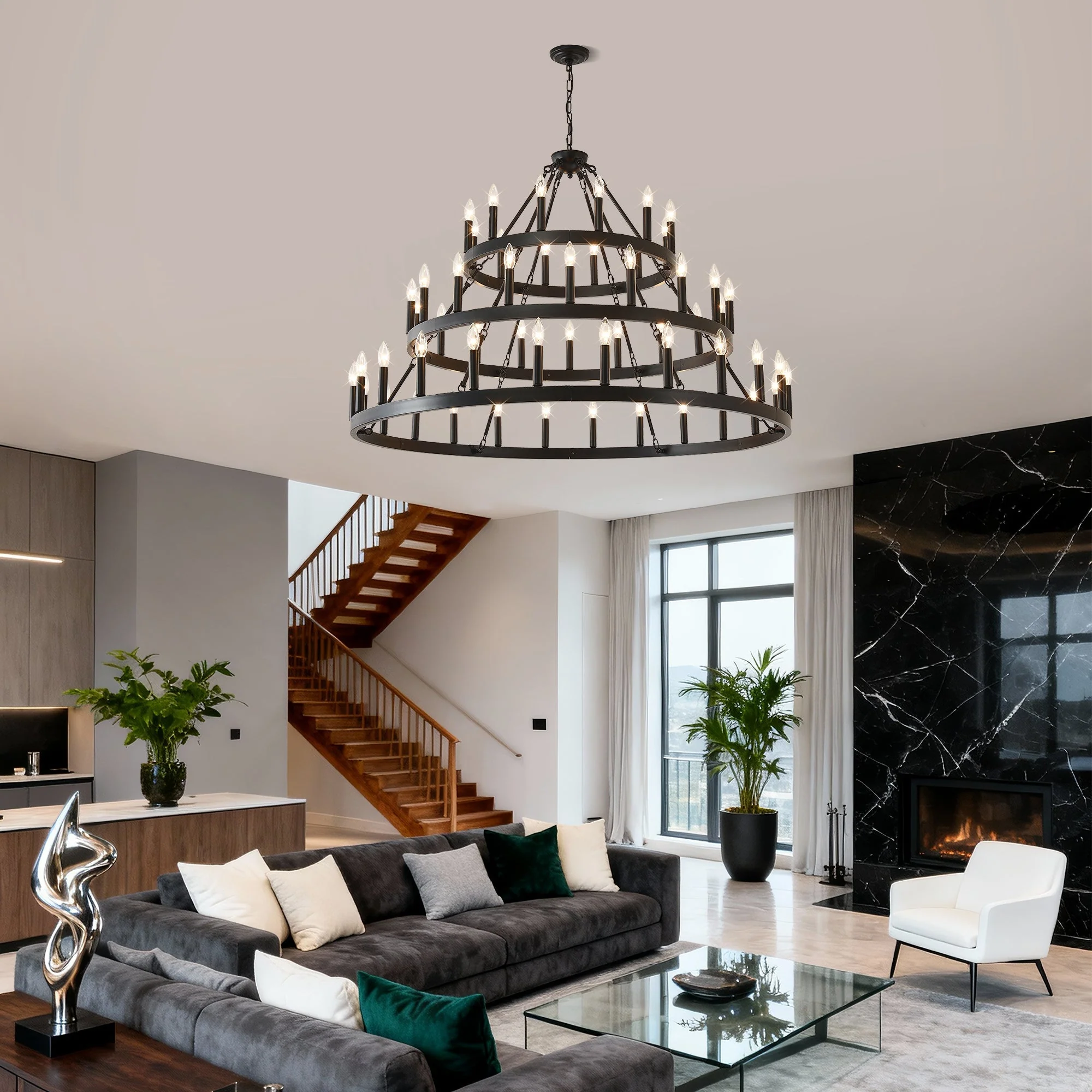 3 Tiers Wagon Wheel Chandelier - 54-Light Matte Black Metal - Image 9