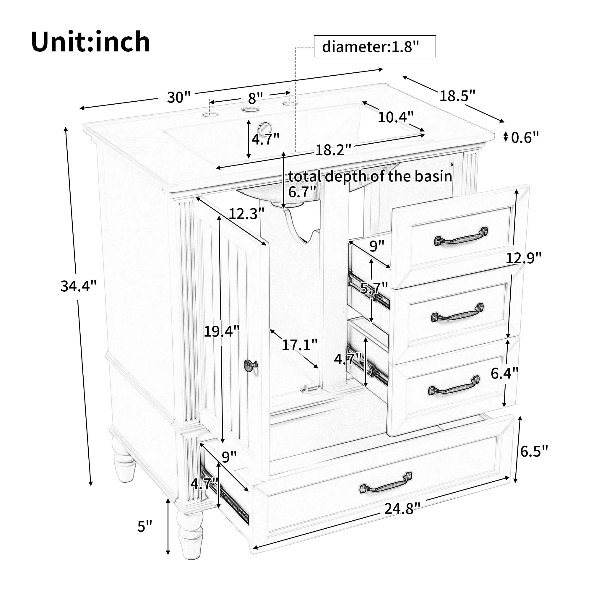30" Bathroom Vanity With Sink, 3 Drawers, Adjustable Feet - Image 7