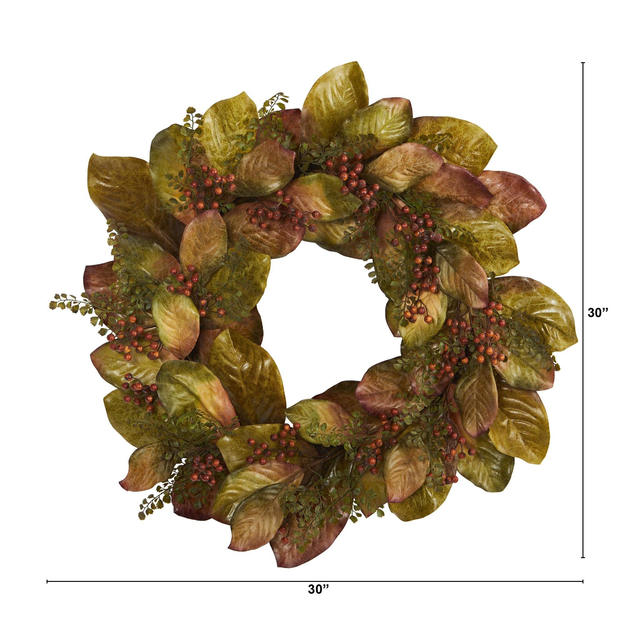 30” Fall Magnolia Leaf and Berries Artificial Wreath - Image 2