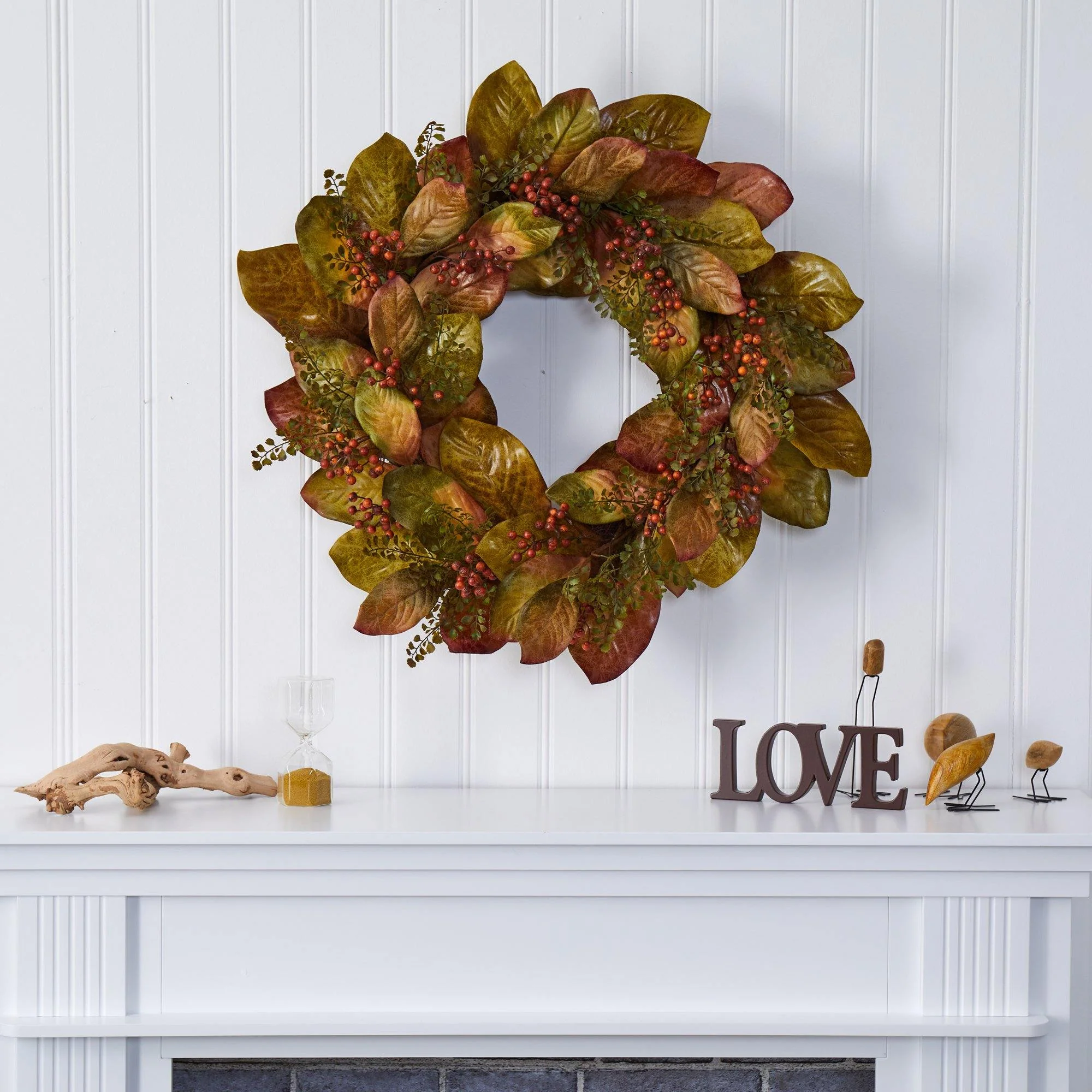 30” Fall Magnolia Leaf and Berries Artificial Wreath - Image 3