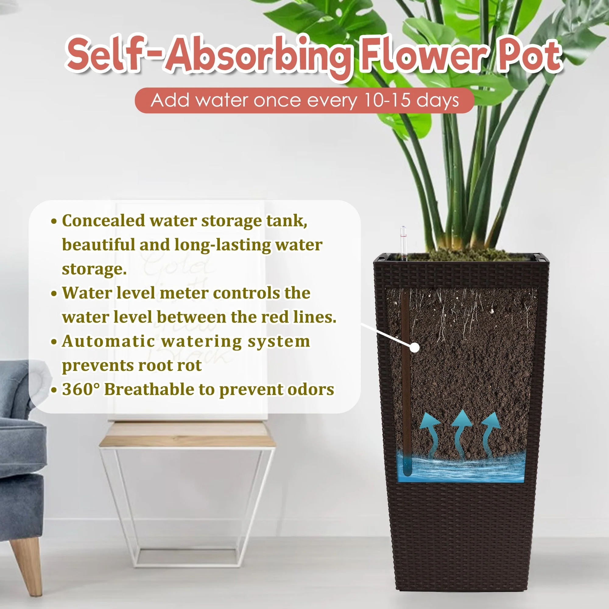 30 in Tall Large Flower Pot Planter with Self-Watering Drainage Holes - Image 3