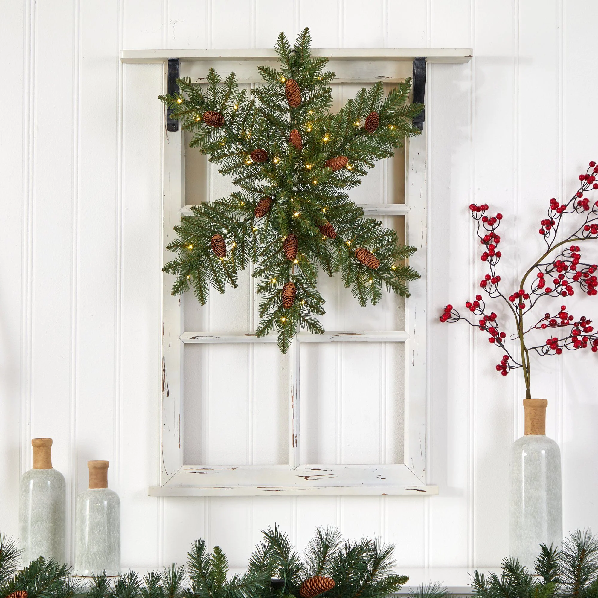 30” Pre-Lit Snowflake Artificial Dunhill Fir Wreath with Pinecones and 40 LED Lights - Image 4