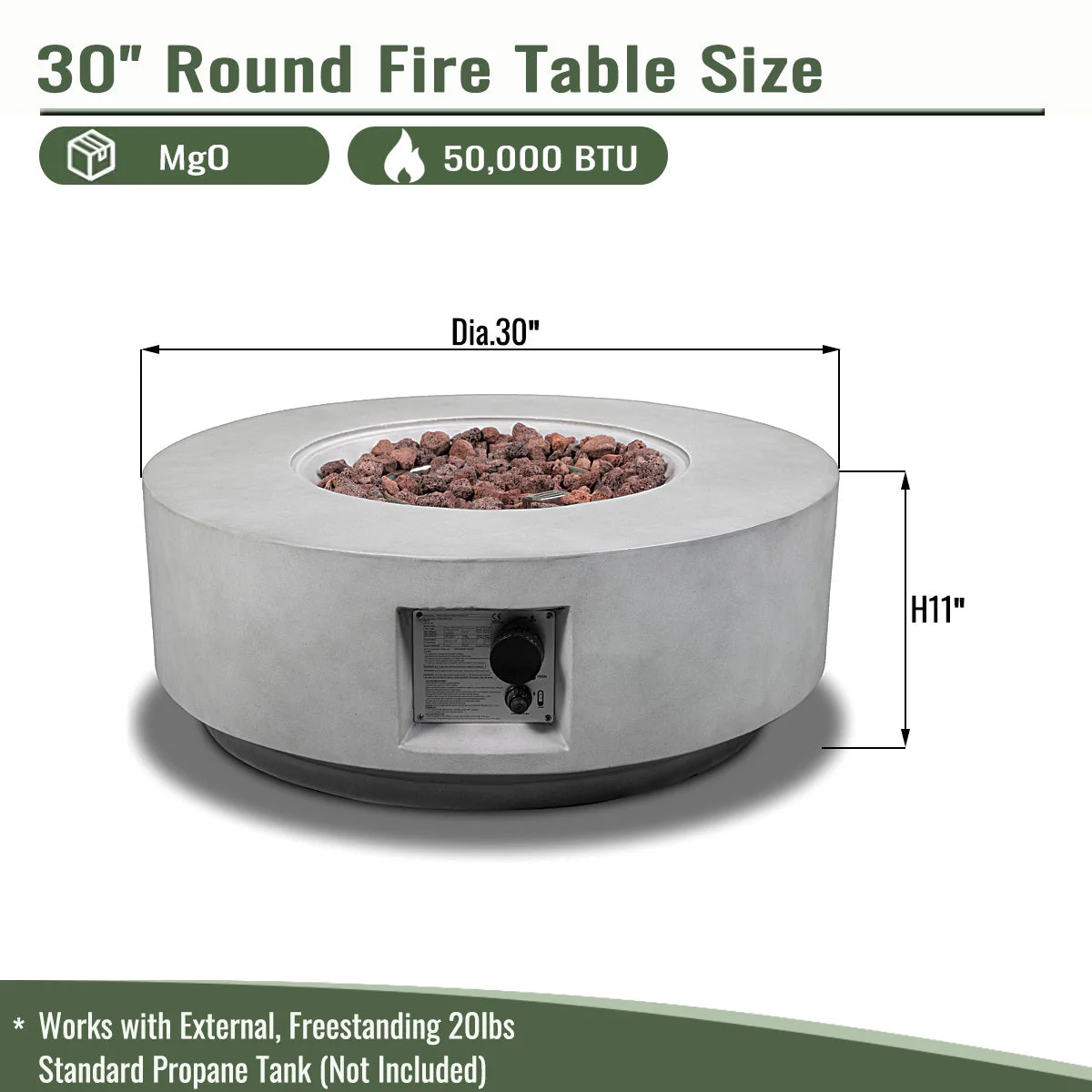 30" Propane Gas Fire Pit Table - Light Gray Concrete - Image 10