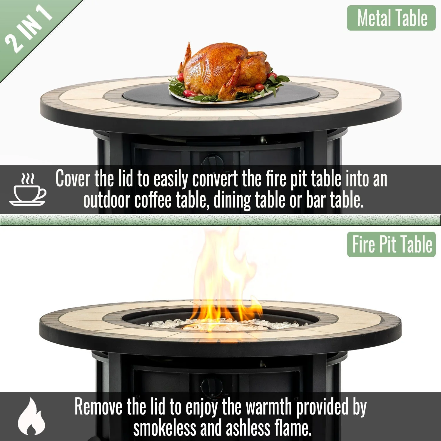 30" Propane Gas Fire Pit Table with Mosaic Ceramic Tabletop - Image 3