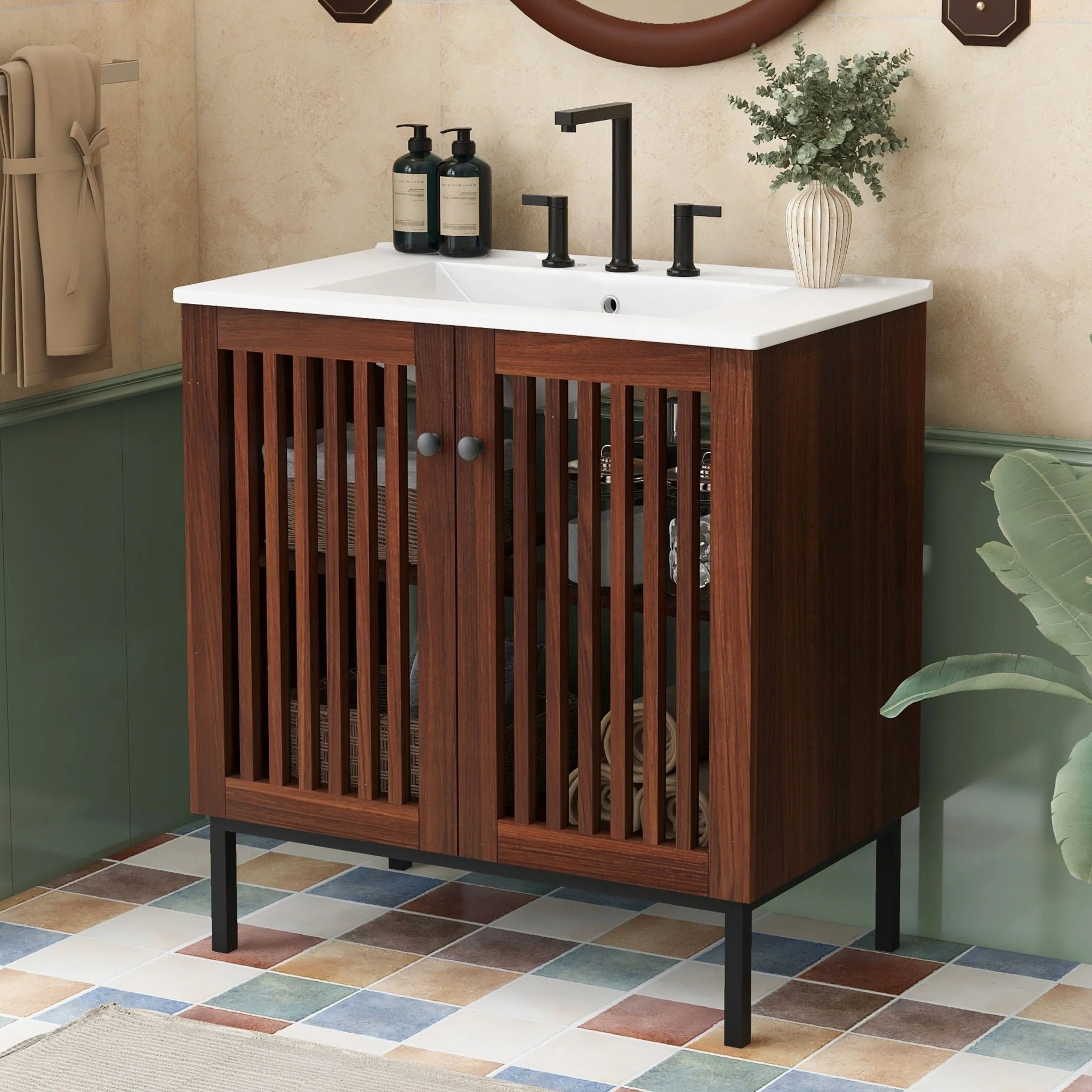 30" Vintage Bathroom Vanity With Ceramic Sink - Image 4