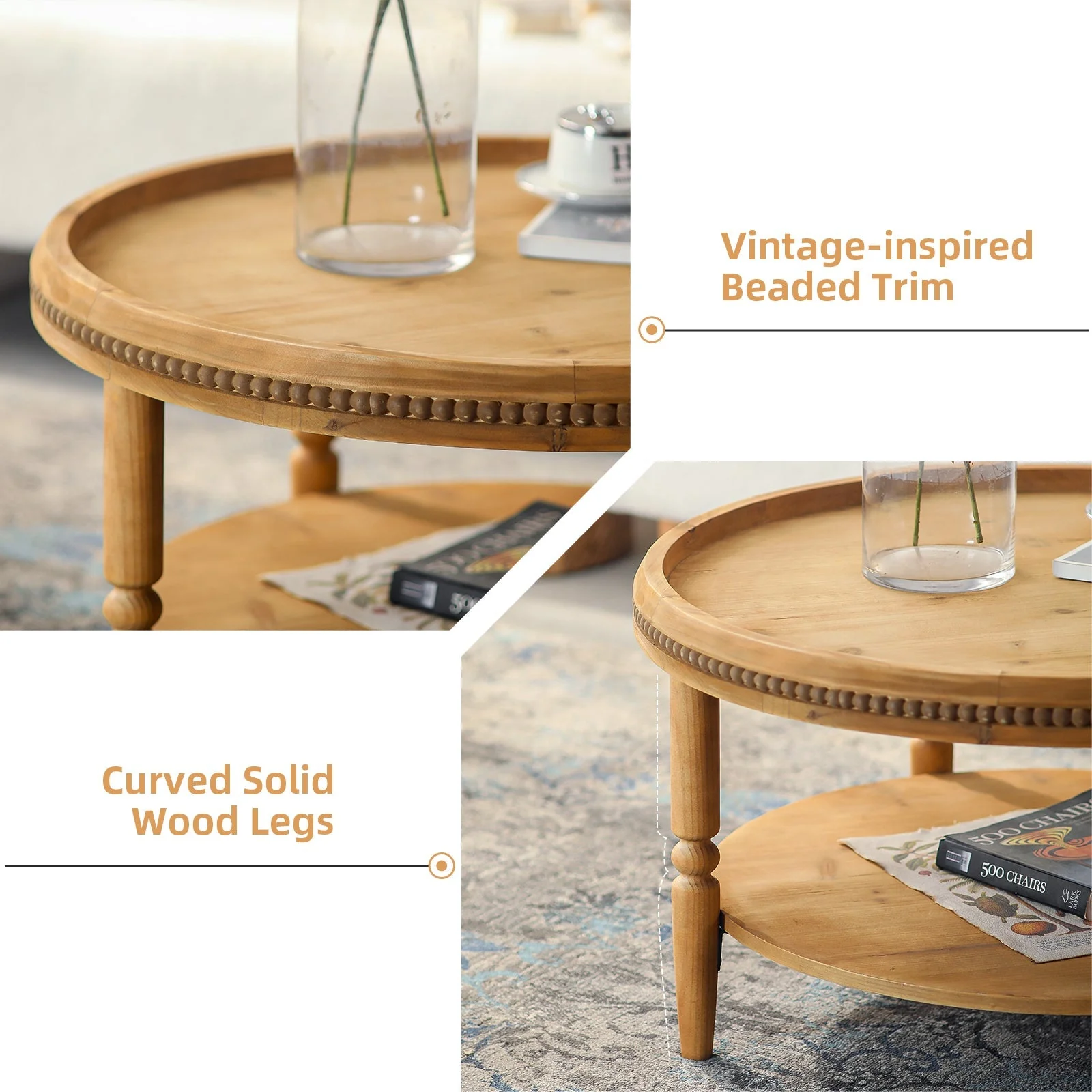 31.3' Round Boho Coffee Table with Storage Shelf - Image 3