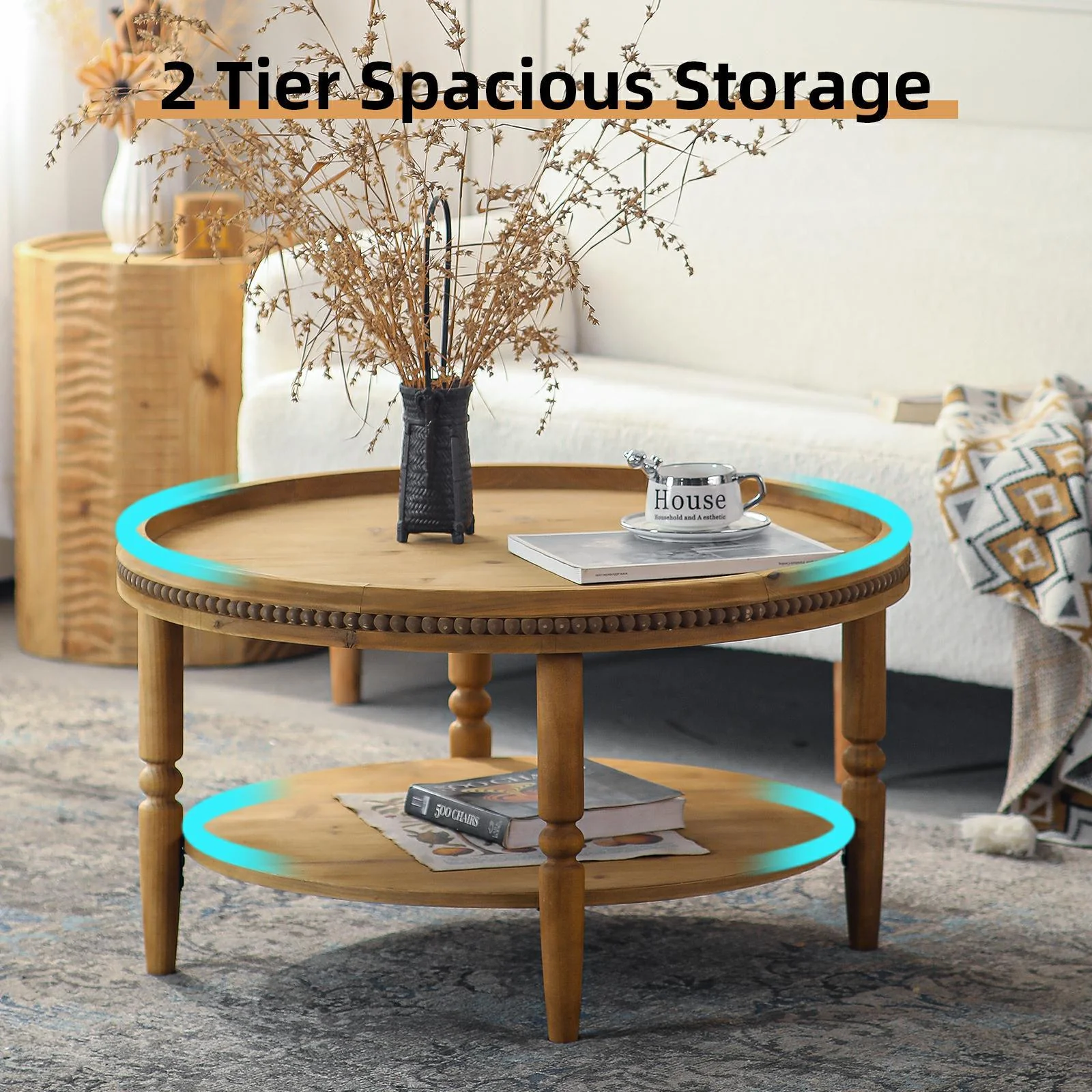 31.3' Round Boho Coffee Table with Storage Shelf - Image 4