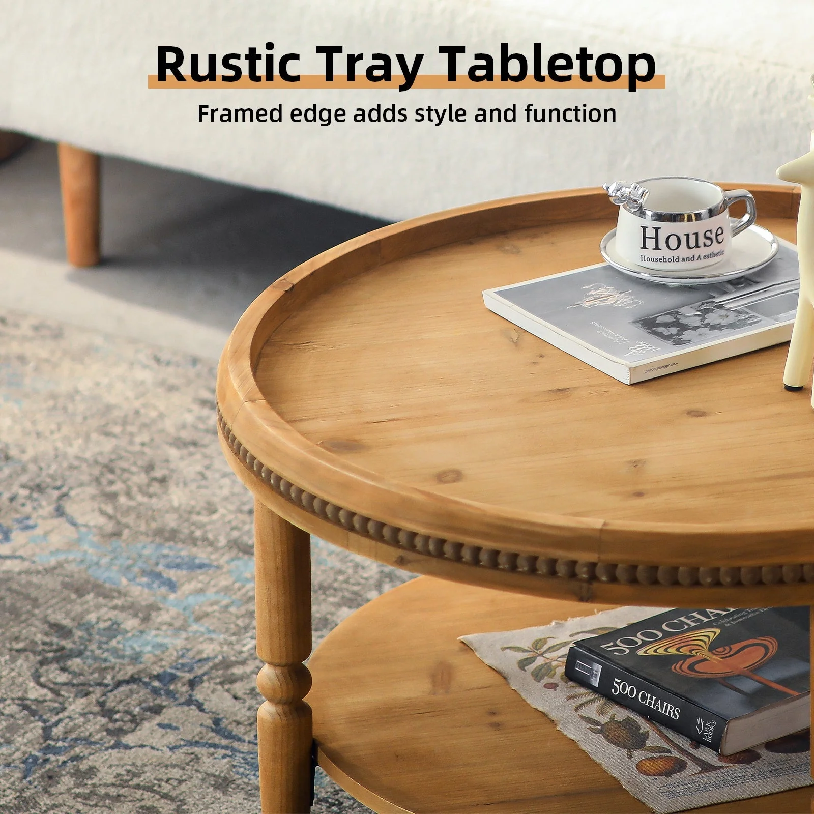 31.3' Round Boho Coffee Table with Storage Shelf - Image 5