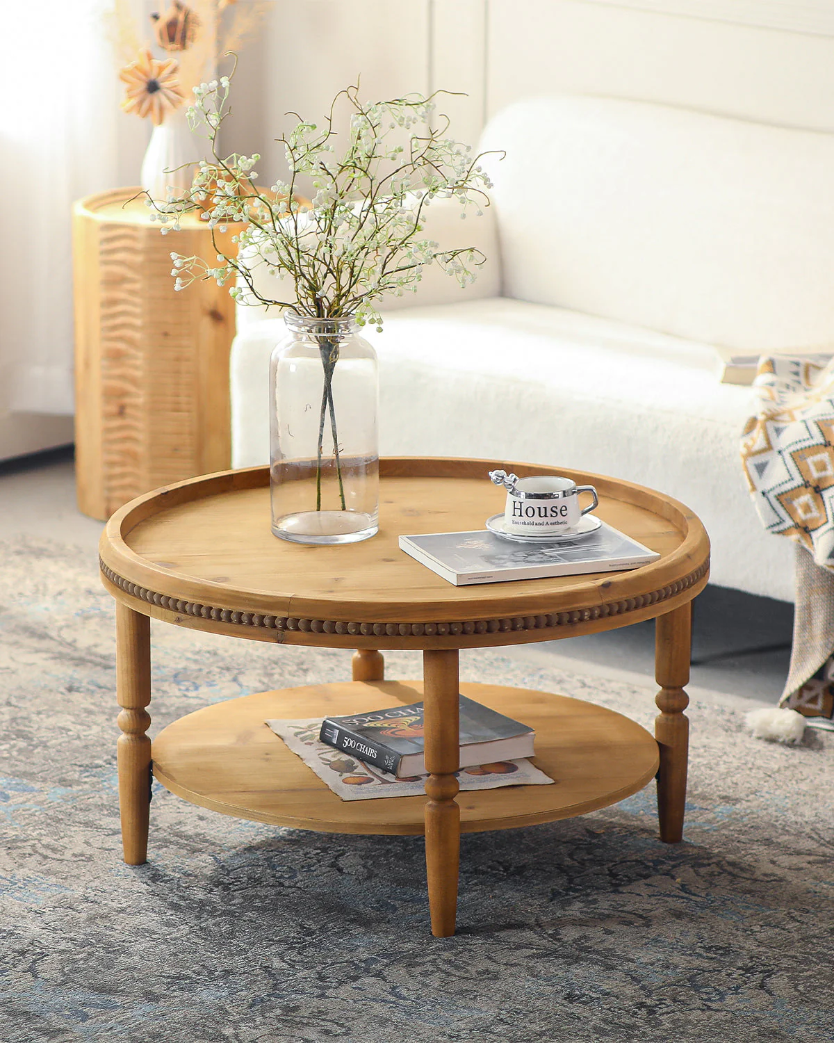 31.3' Round Boho Coffee Table with Storage Shelf - Image 6