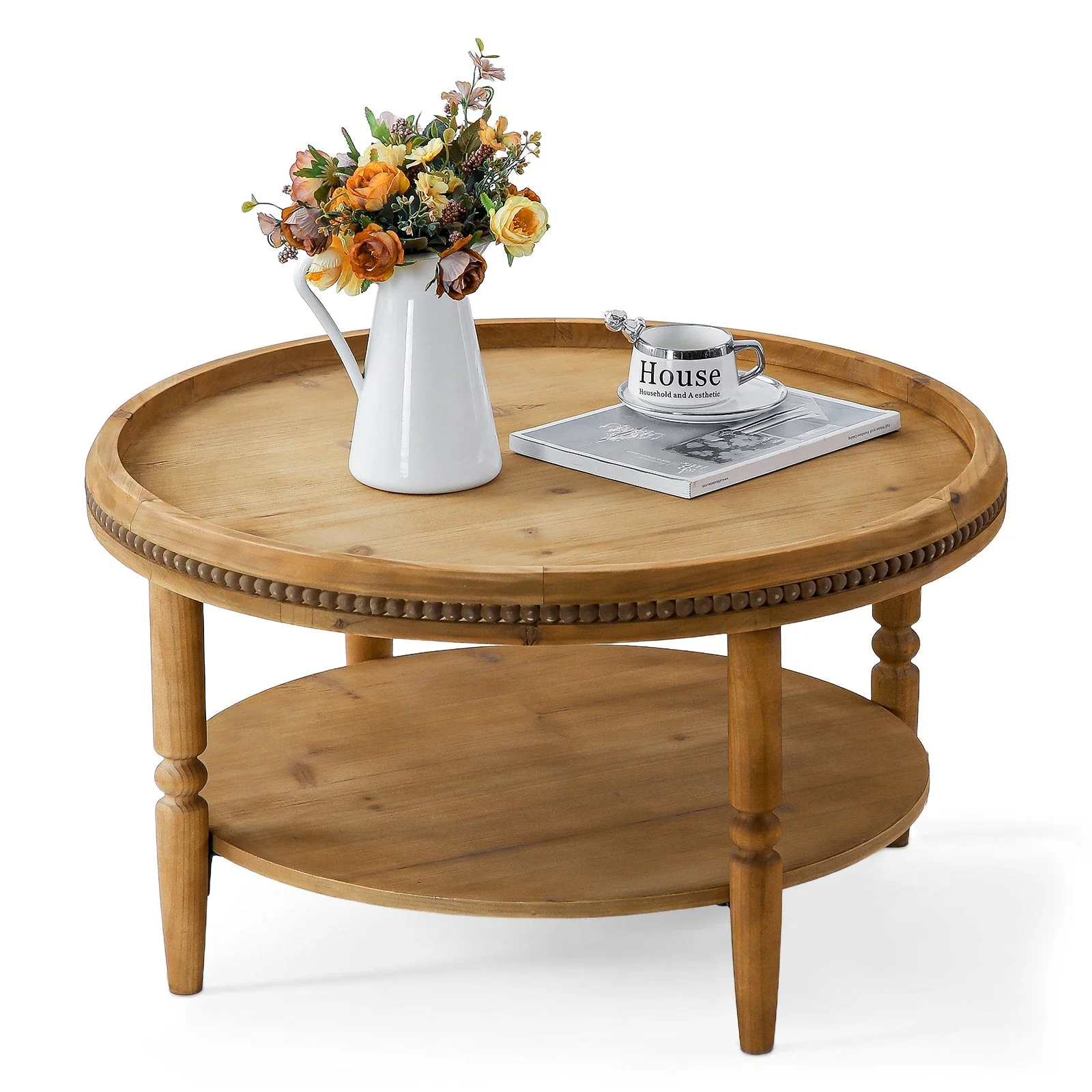 31.3' Round Boho Coffee Table with Storage Shelf - Image 7