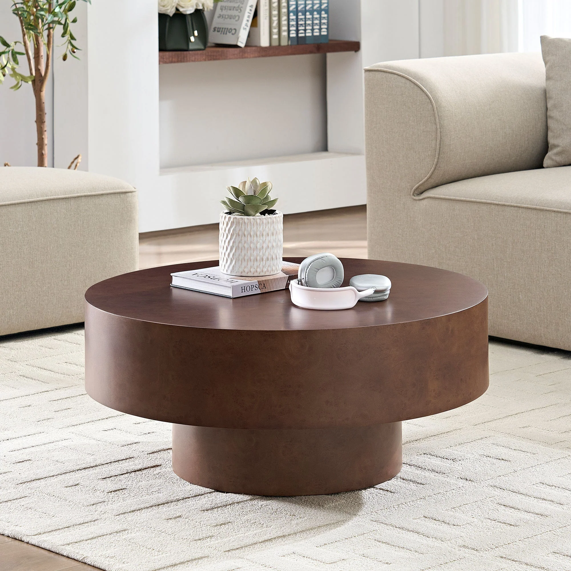 31.49'' Faux Burl Wood Pattern Round Coffee Table with Sturdy Pedestal - Image 10