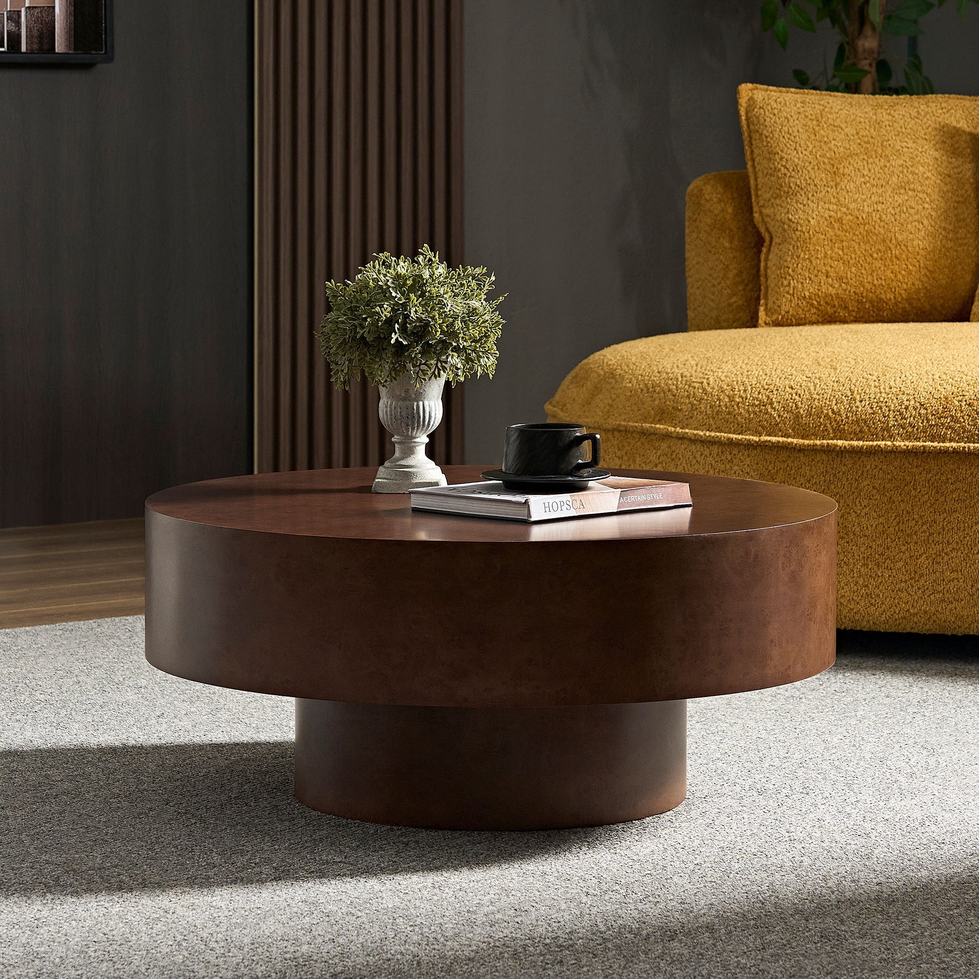 31.49'' Faux Burl Wood Pattern Round Coffee Table with Sturdy Pedestal - Image 4