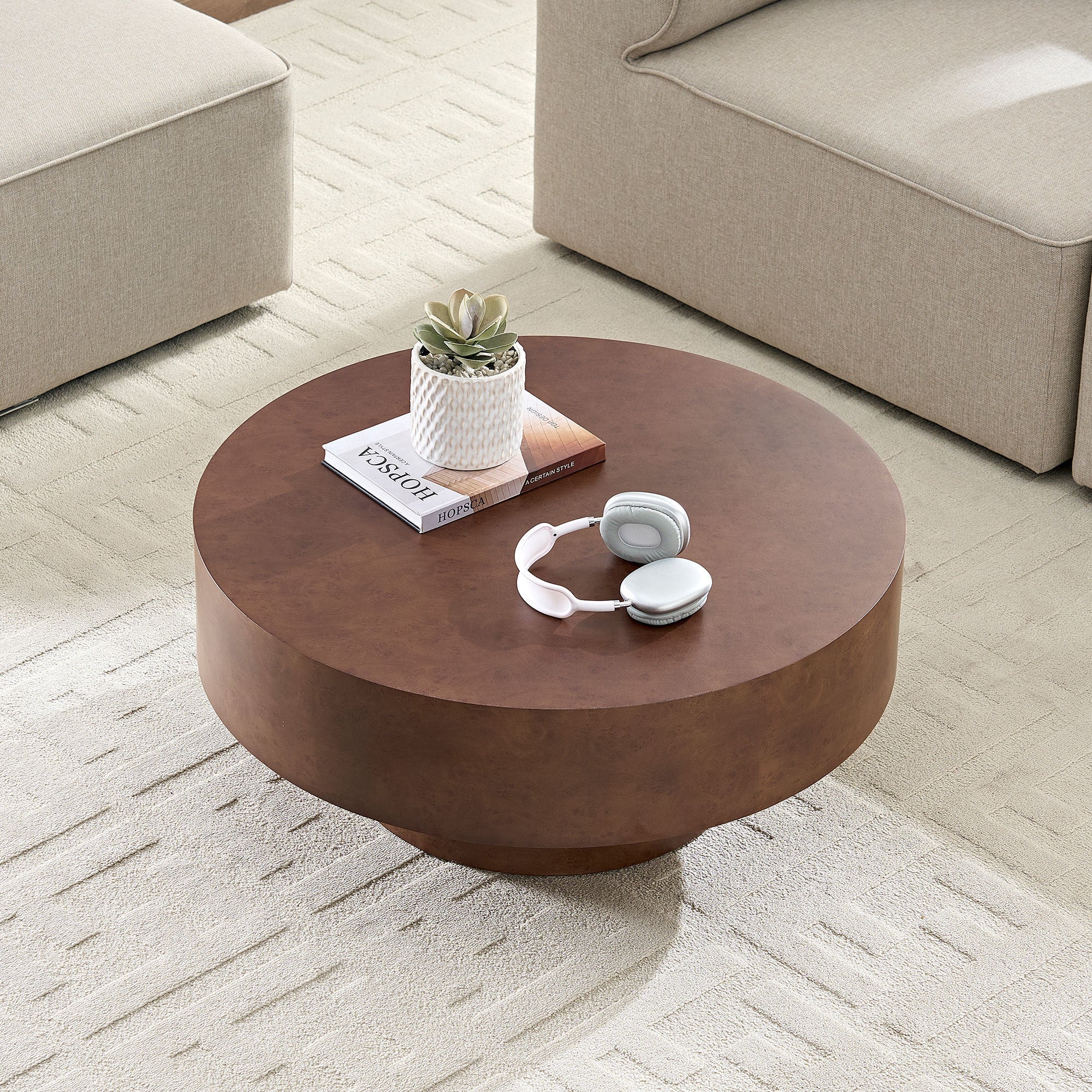 31.49'' Faux Burl Wood Pattern Round Coffee Table with Sturdy Pedestal - Image 5