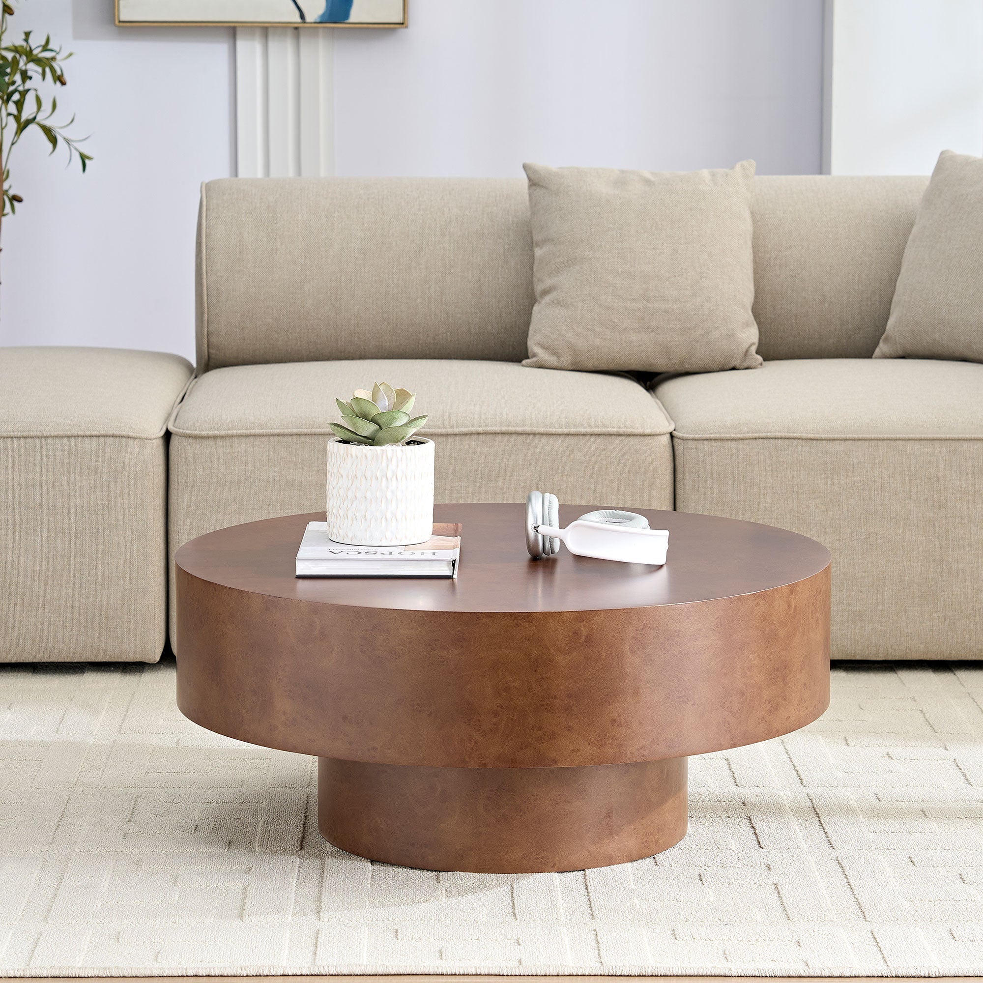 31.49'' Faux Burl Wood Pattern Round Coffee Table with Sturdy Pedestal - Image 9