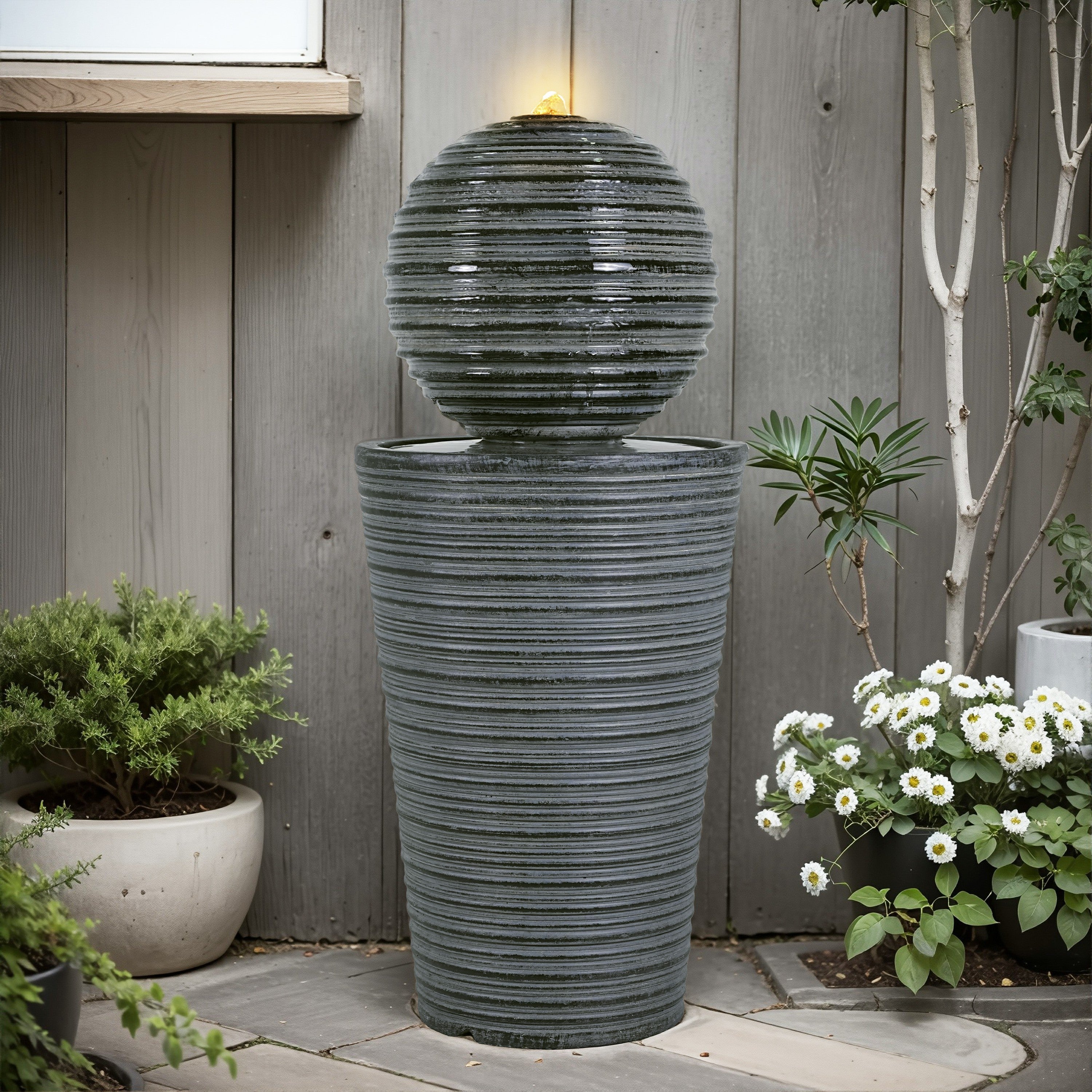 31.5' Tall Striped Concrete Column Fountain with LED Light - Gray Concrete Design - Image 2
