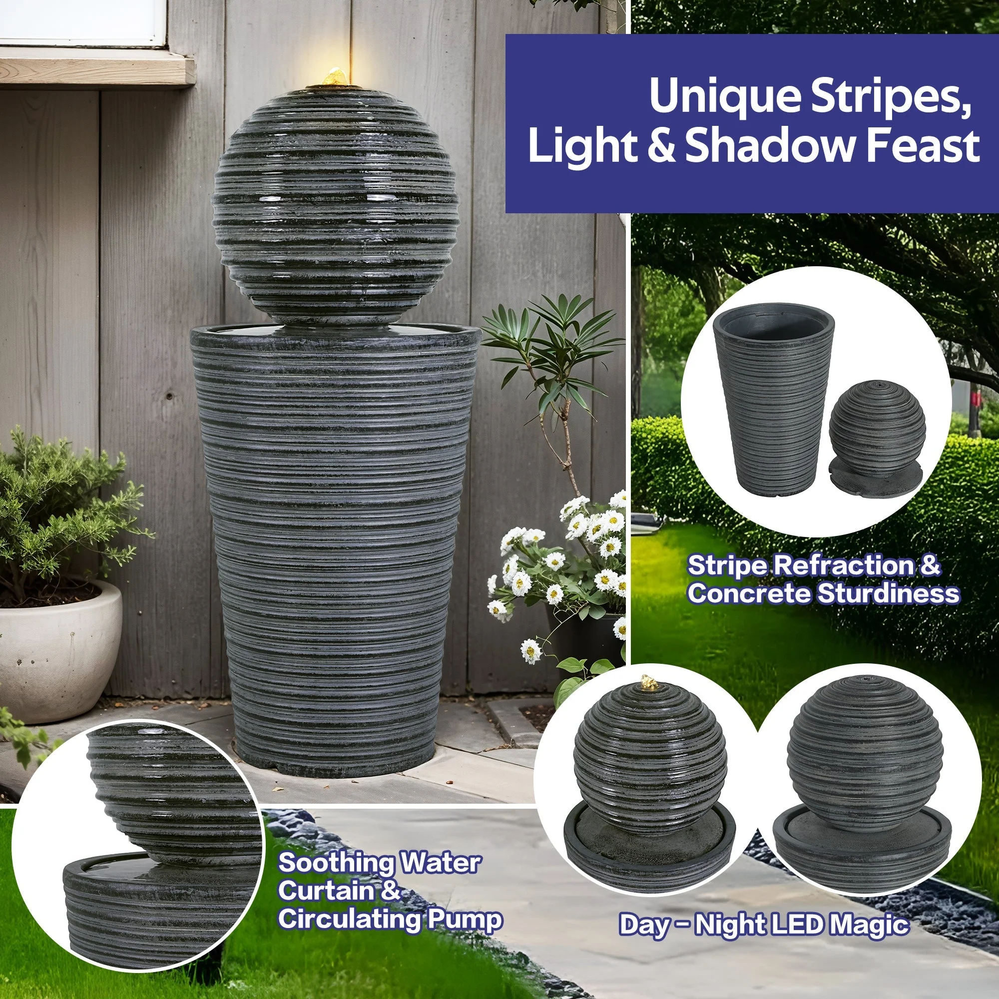 31.5' Tall Striped Concrete Column Fountain with LED Light - Gray Concrete Design - Image 4
