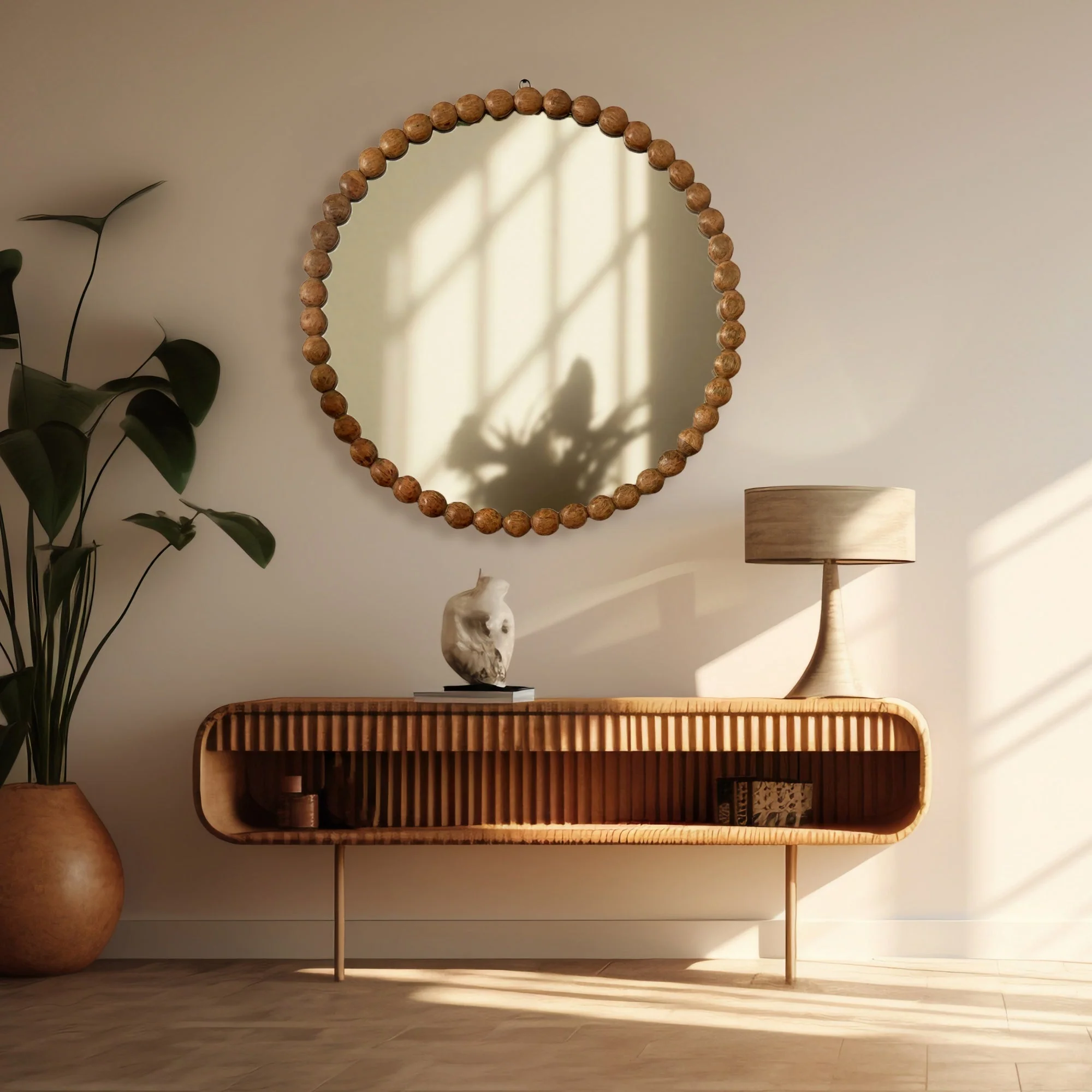 32-Inch Wooden Beaded Round Wall Mirror - Image 2