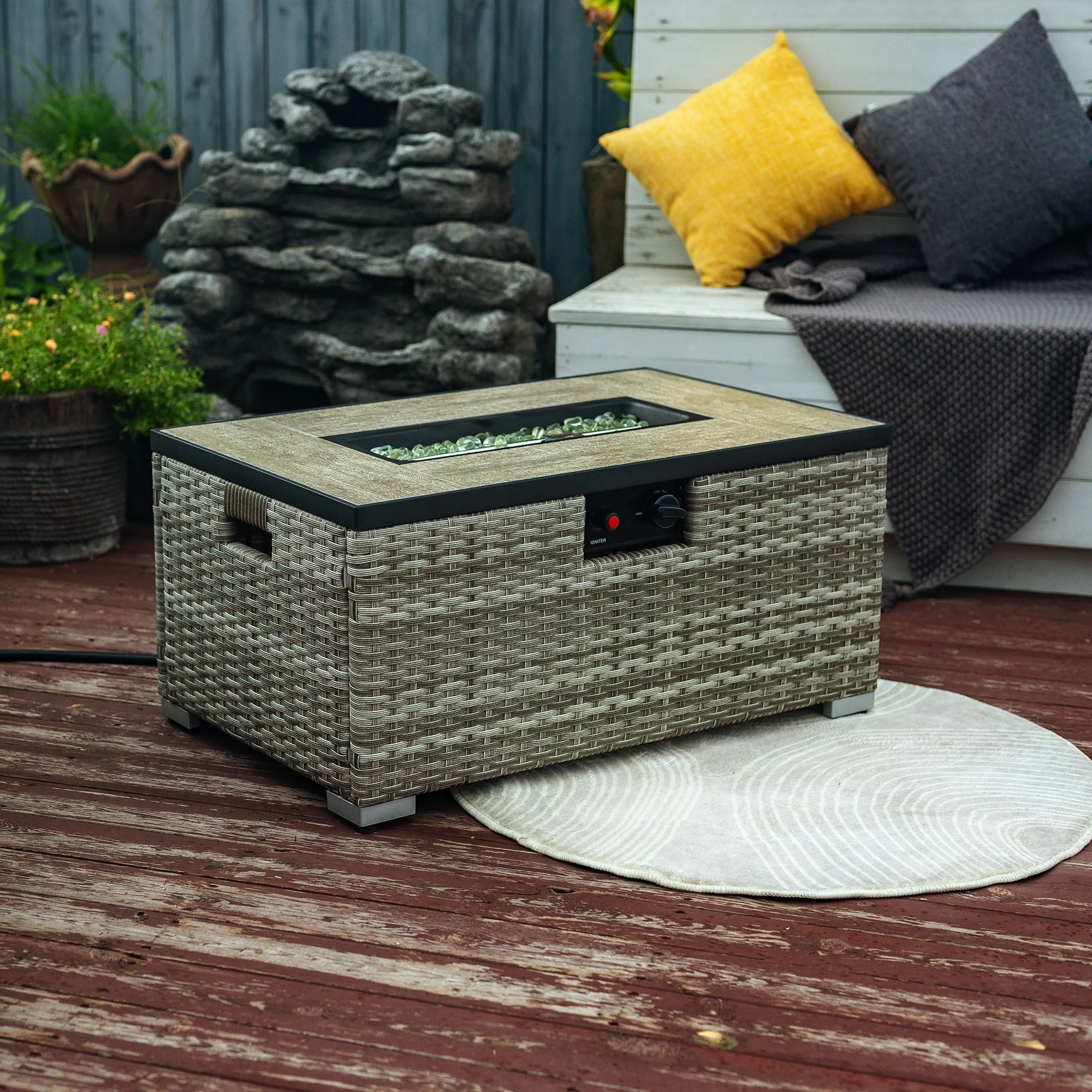 32" Propane Gas Fire Pit Table with Wicker Base and Propane Tank Cover - Image 2