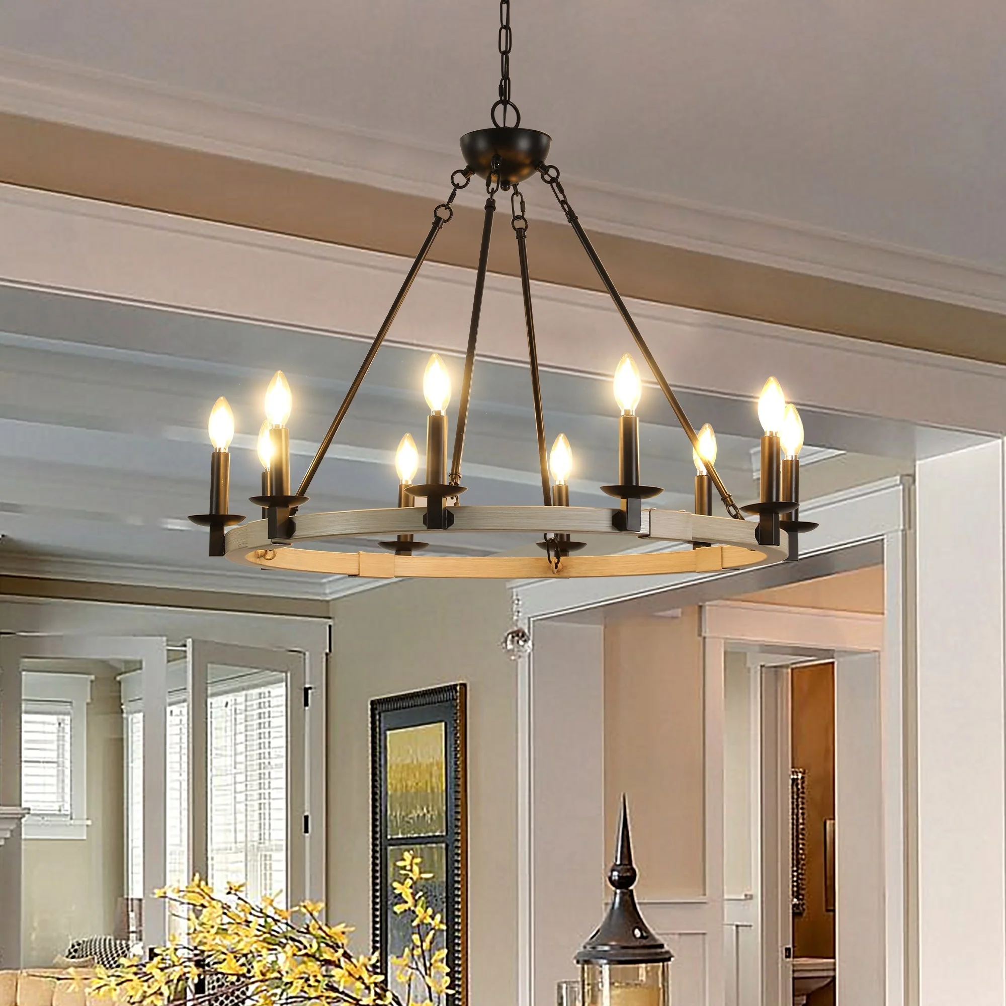 32" Rustic Farmhouse 10-Light Candle Chandelier - Image 3