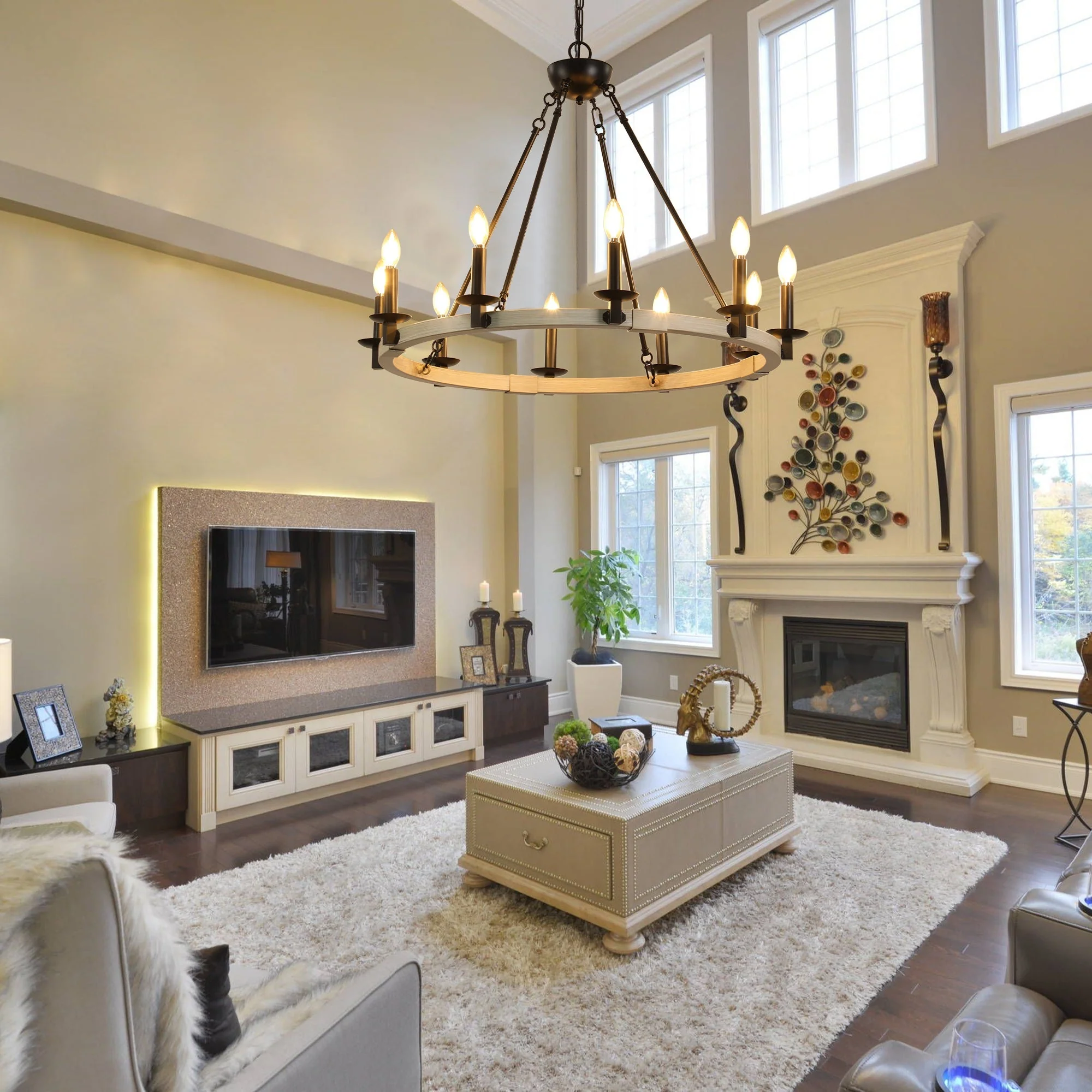 32" Rustic Farmhouse 10-Light Candle Chandelier - Image 5