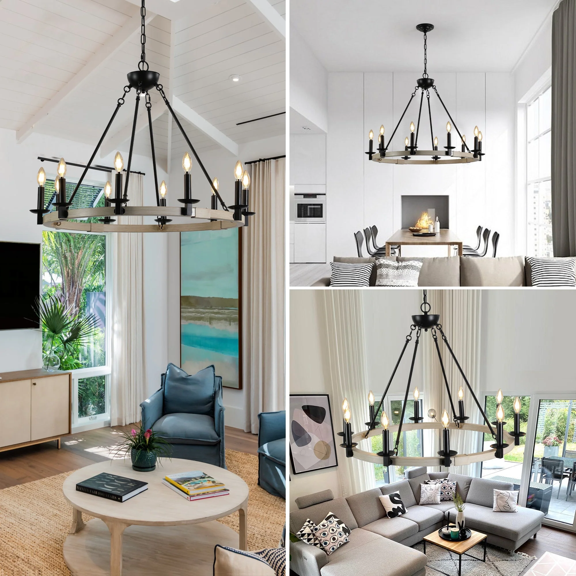32" Rustic Farmhouse 10-Light Candle Chandelier - Image 7