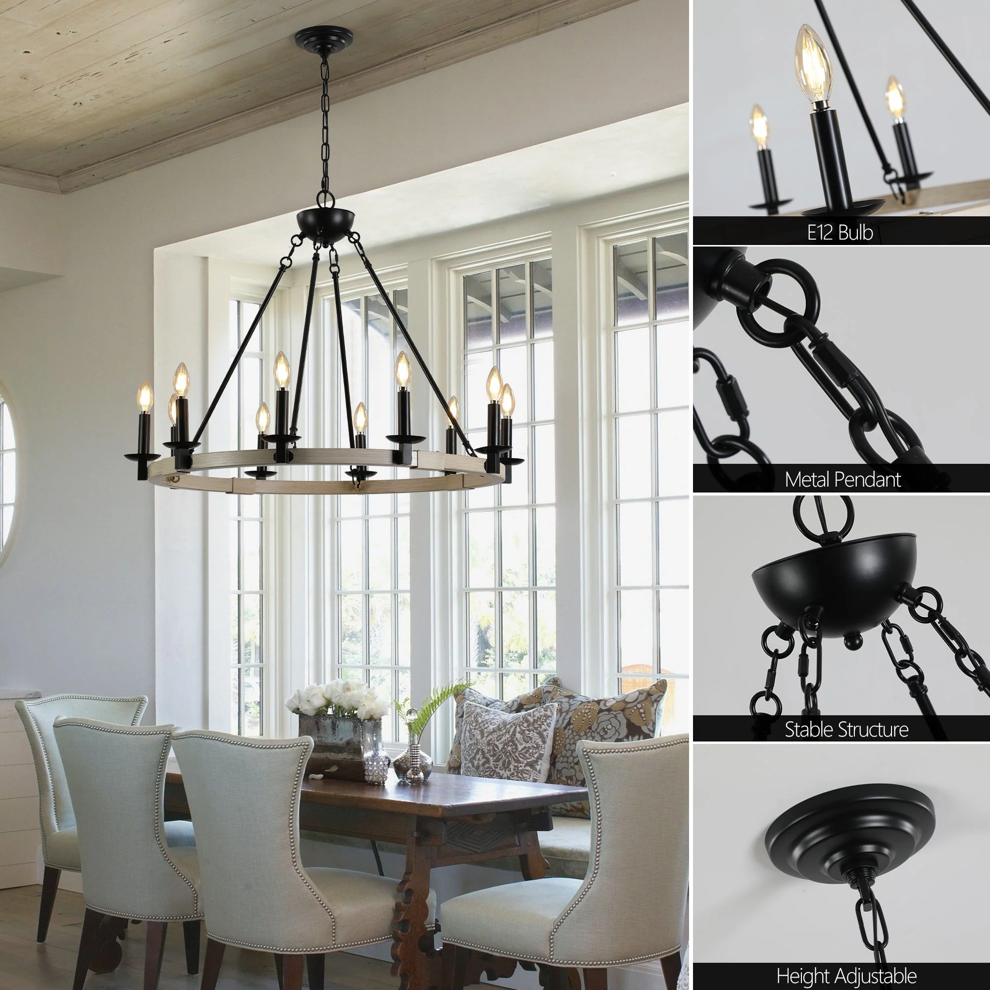 32" Rustic Farmhouse 10-Light Candle Chandelier - Image 8