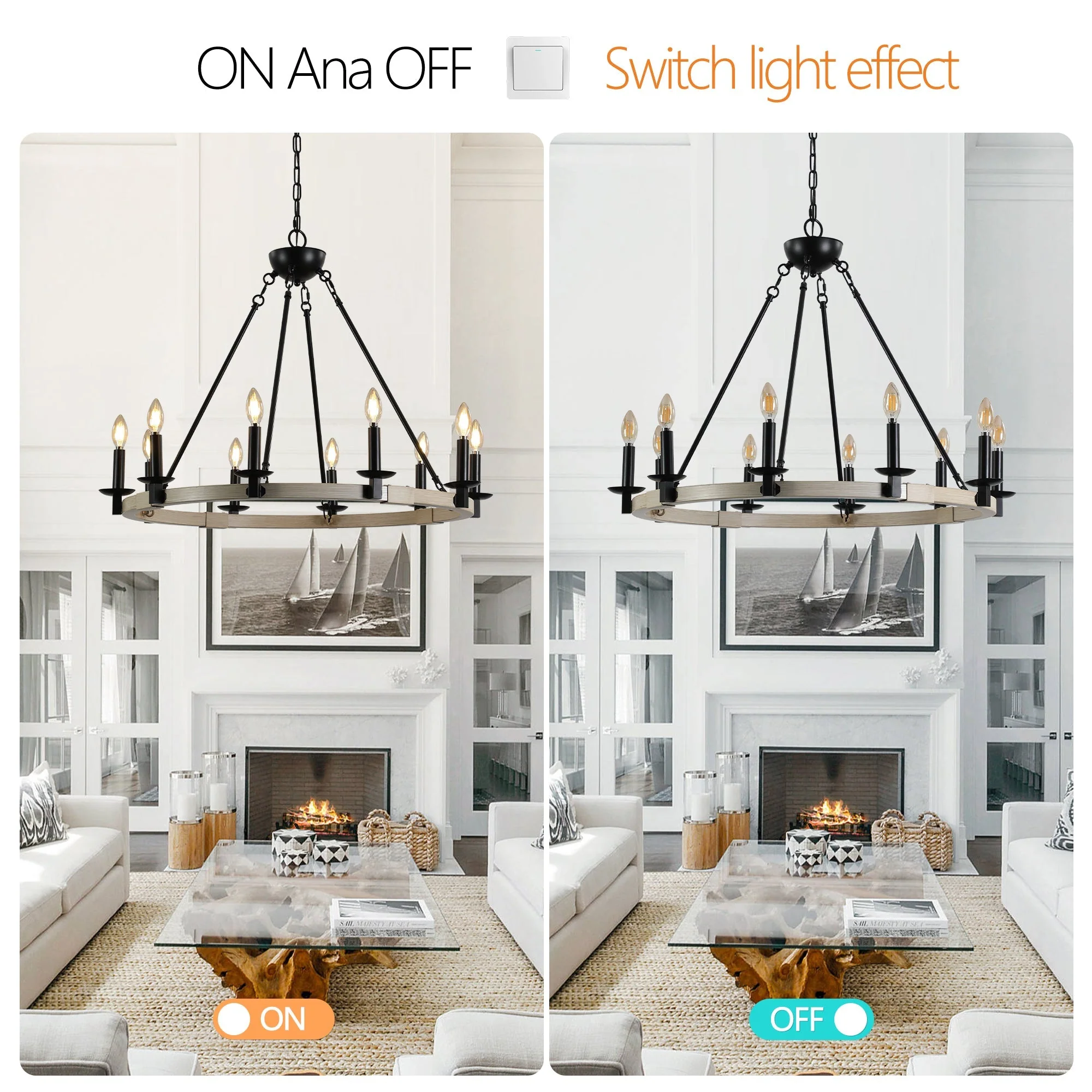 32" Rustic Farmhouse 10-Light Candle Chandelier - Image 9