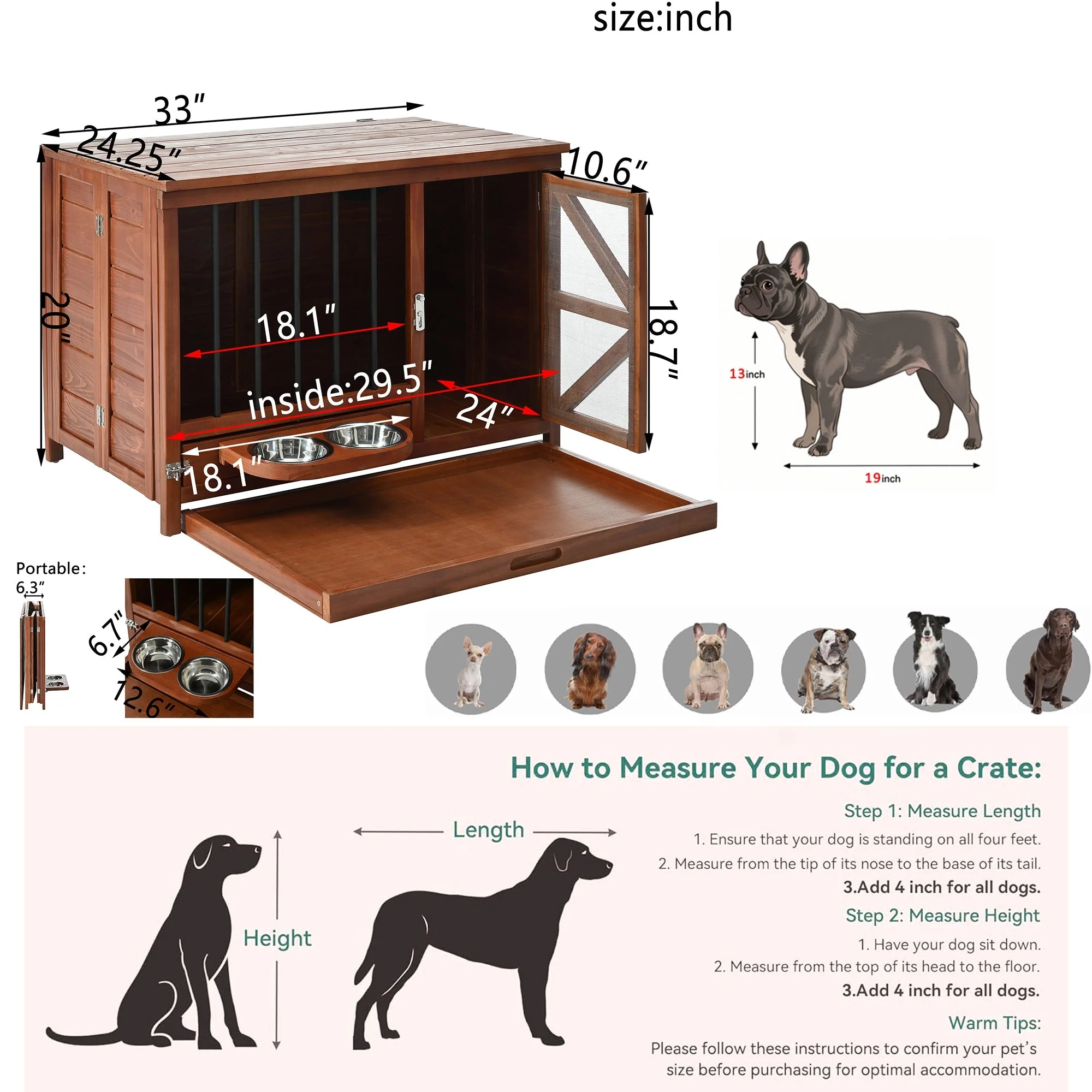33" Solid Wood Dog Crate Furniture - Foldable Indoor Kennel - Image 3