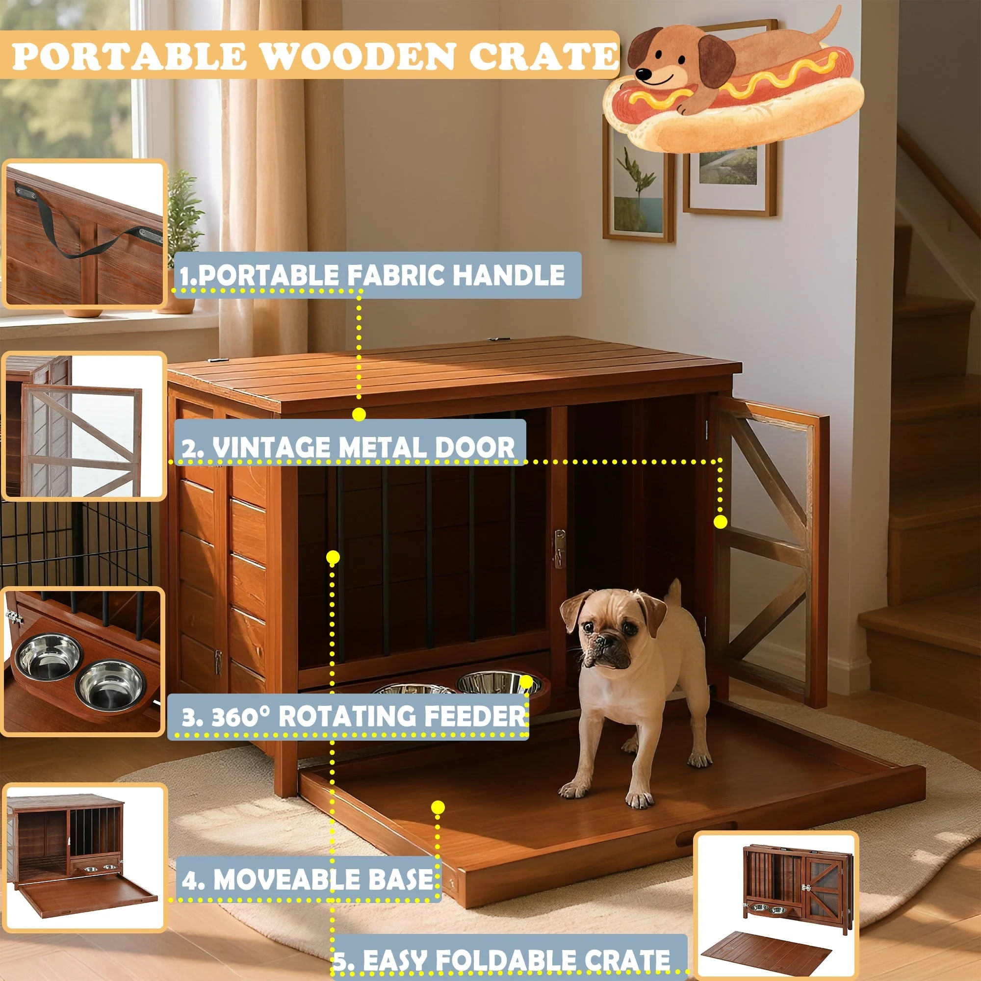 33" Solid Wood Dog Crate Furniture - Foldable Indoor Kennel - Image 4