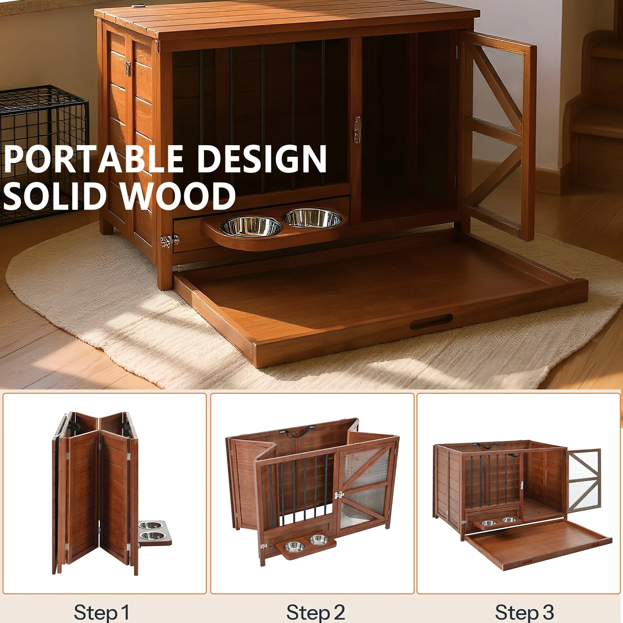 33" Solid Wood Dog Crate Furniture - Foldable Indoor Kennel - Image 5