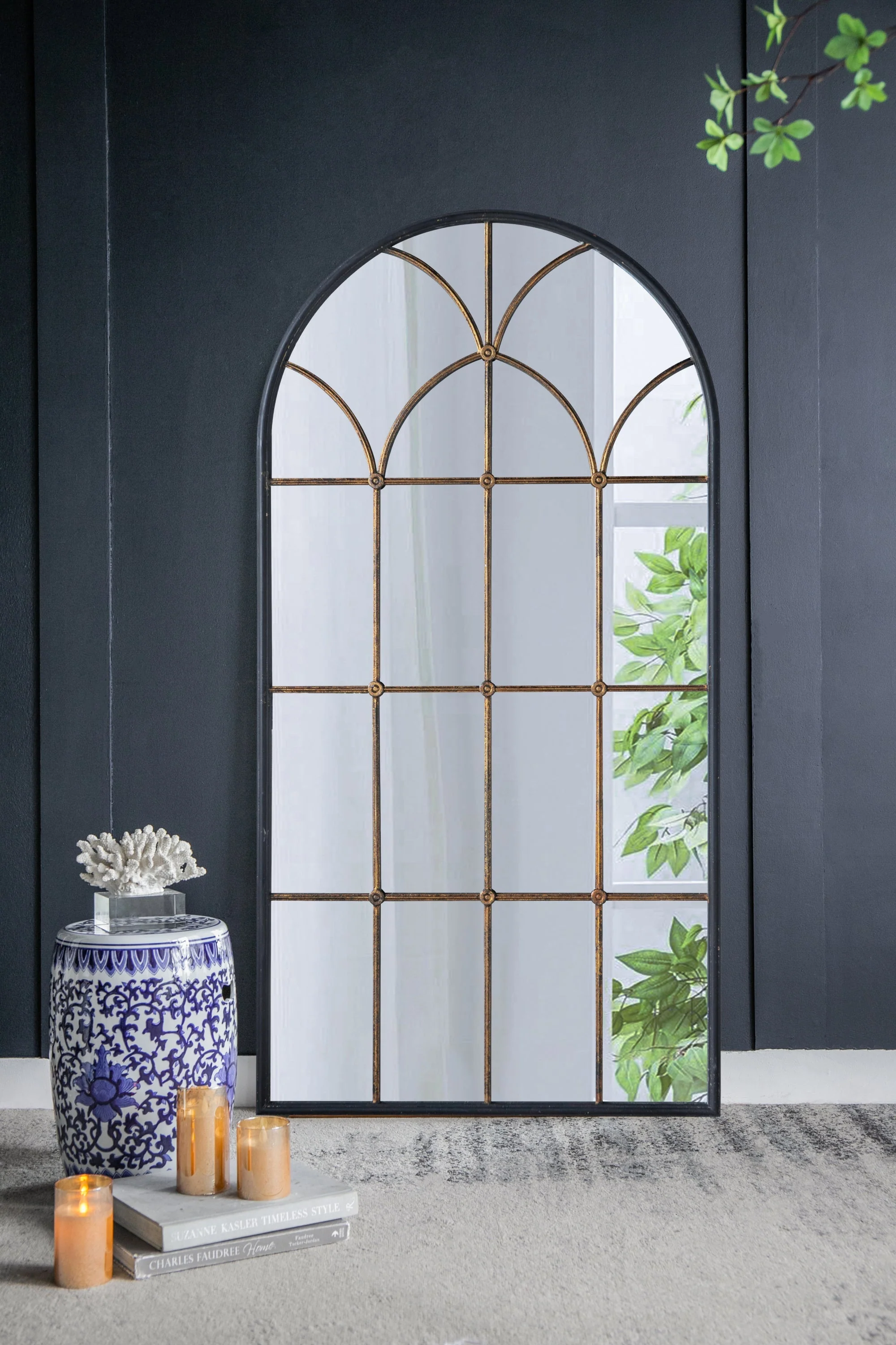 34x65.5' Arched Full-Length Mirror with Black and Gold Windowpane Design